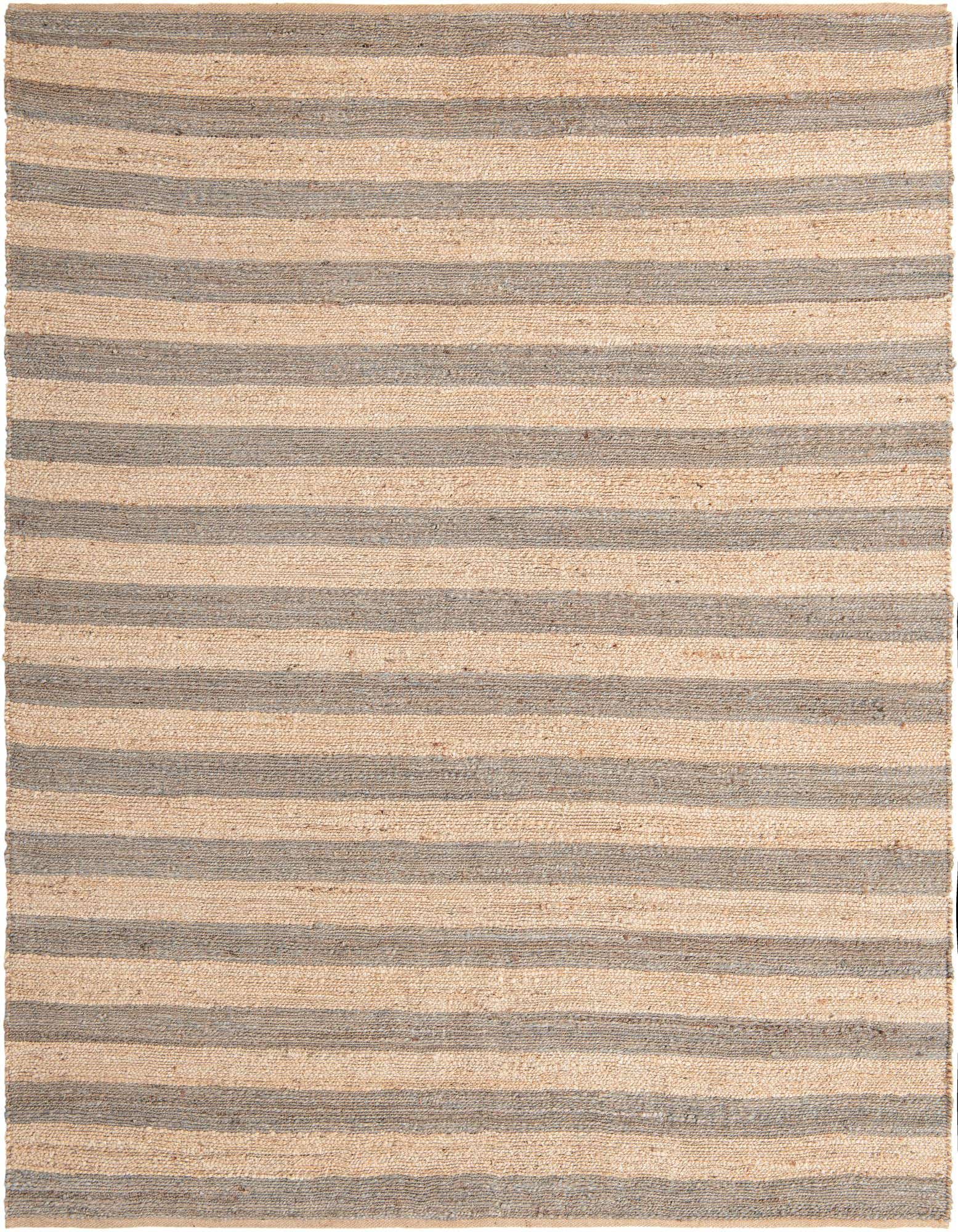 8x10 rectangular Braided Jute rug with alternating stripes of natural ivory and gray, suitable for a living room.