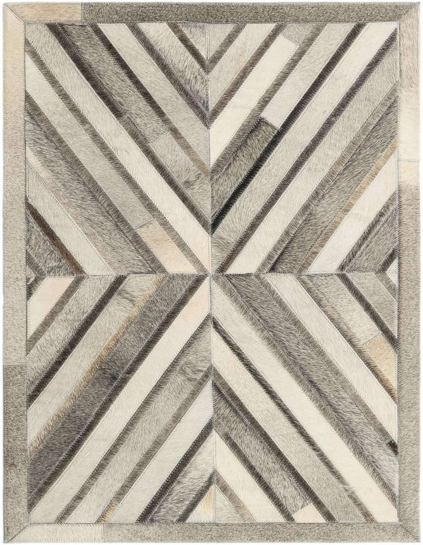 A 2x3 rectangular Cowhide Leather rug featuring a contemporary geometric pattern in shades of ivory, cream, gray, and white.