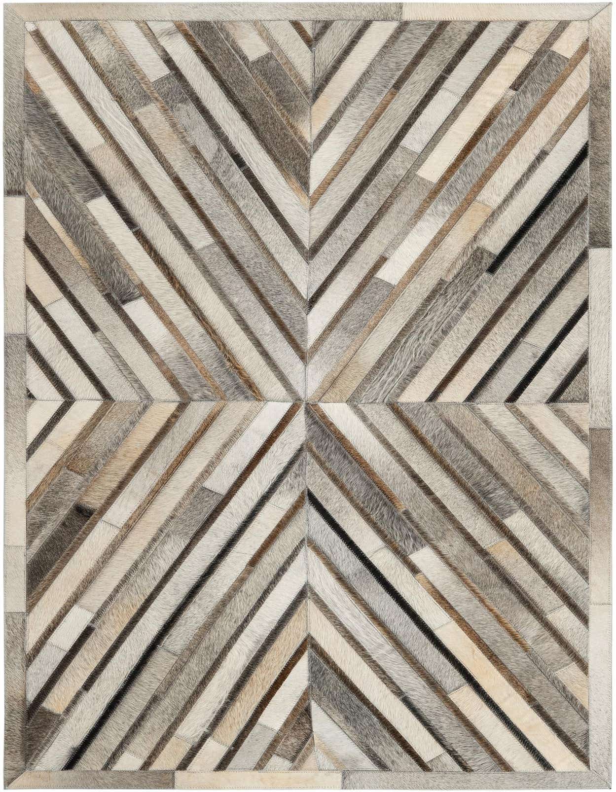 A 3x5 rectangular Cowhide Leather rug featuring a modern abstract geometric pattern in shades of ivory, cream, gray, and silver.