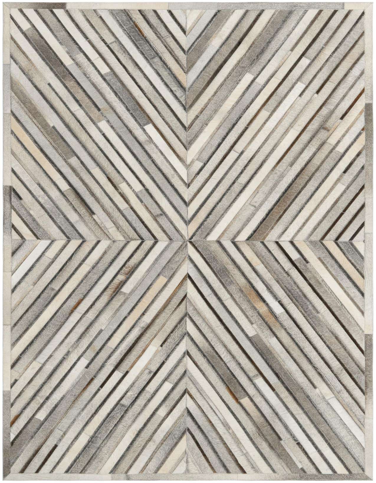 A 5x8 rectangular Cowhide Leather rug featuring a contemporary abstract pattern of diagonal stripes in ivories, creams, grays, and whites.