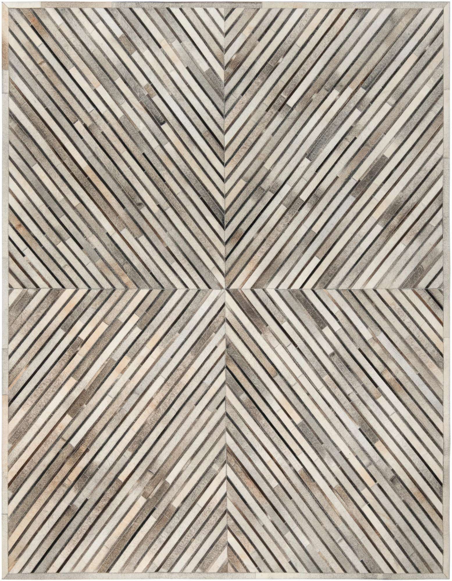 8x10 rectangular Cowhide Leather rug featuring a contemporary abstract pattern of diagonal stripes in ivories, creams, grays, and whites.