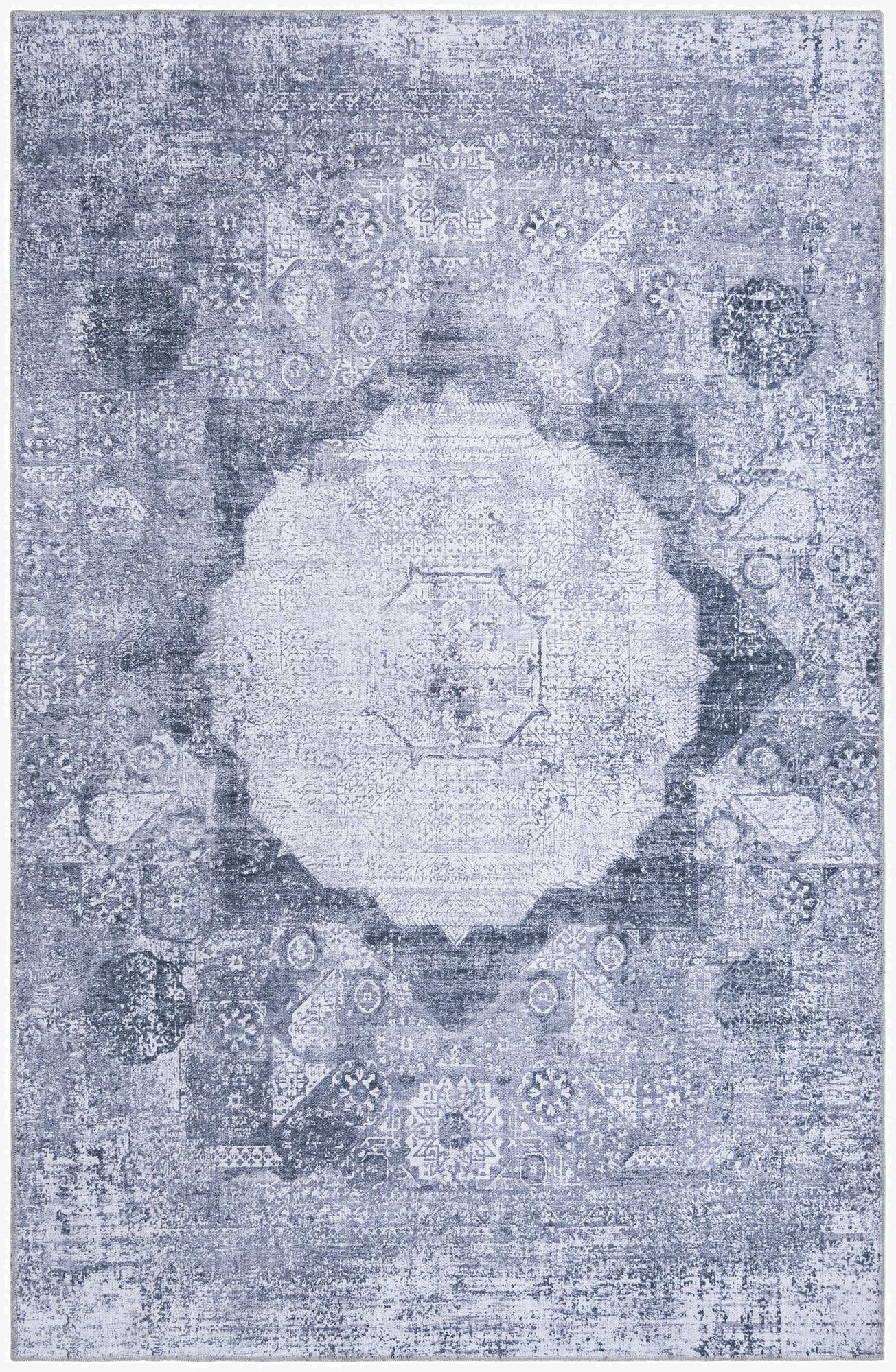 A 5x8 rectangular Yara Collection rug featuring a distressed traditional medallion pattern in shades of ivory, cream, and gray.