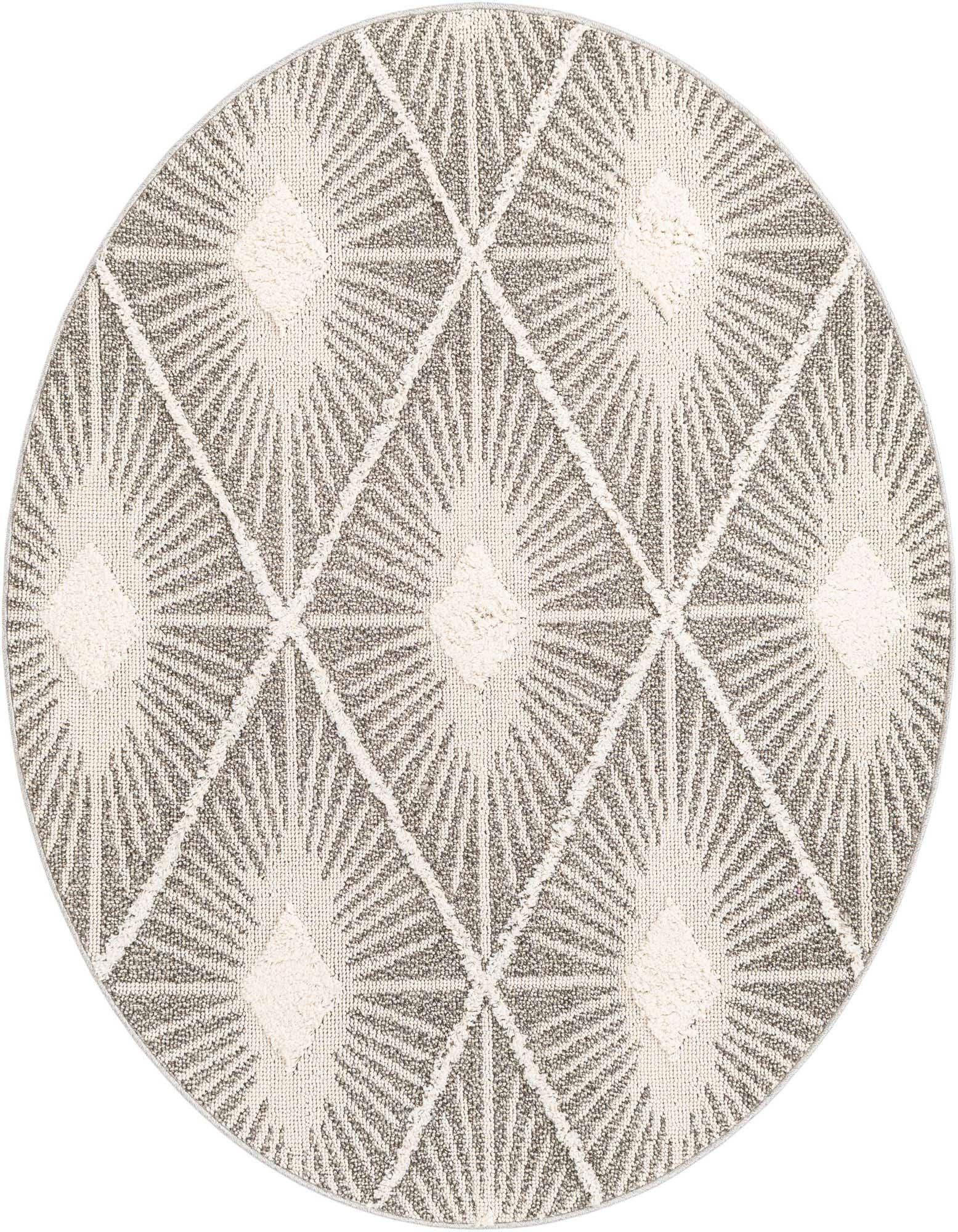 A round 5' 3" ivory and gray bohemian rug featuring a modern trellis pattern with textured high pile diamonds.