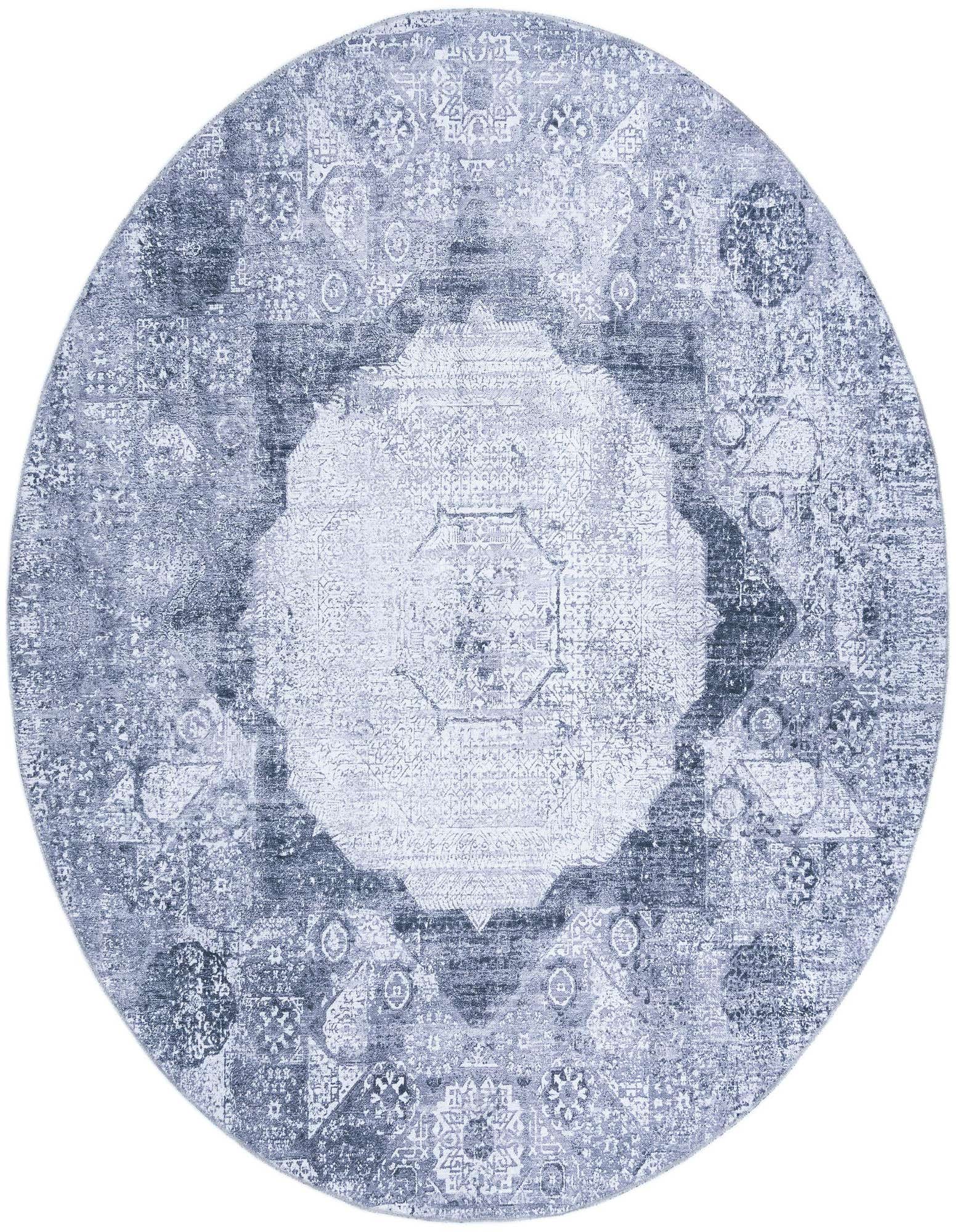 A round 7'10" x 7'10" Yara rug featuring a distressed traditional medallion pattern in shades of ivory, cream, and gray.