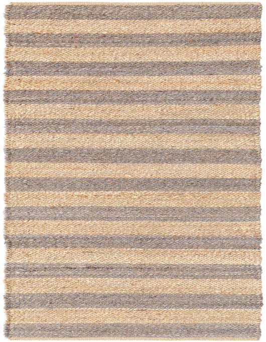 A handmade 8 ft runner rug featuring alternating stripes of natural ivory jute and gray jute, perfect for a hallway or kitchen.