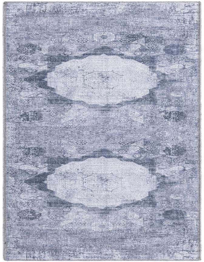 A 6 ft runner rug featuring an ivory and gray traditional medallion pattern with a vintage distressed look, ideal for a hallway.