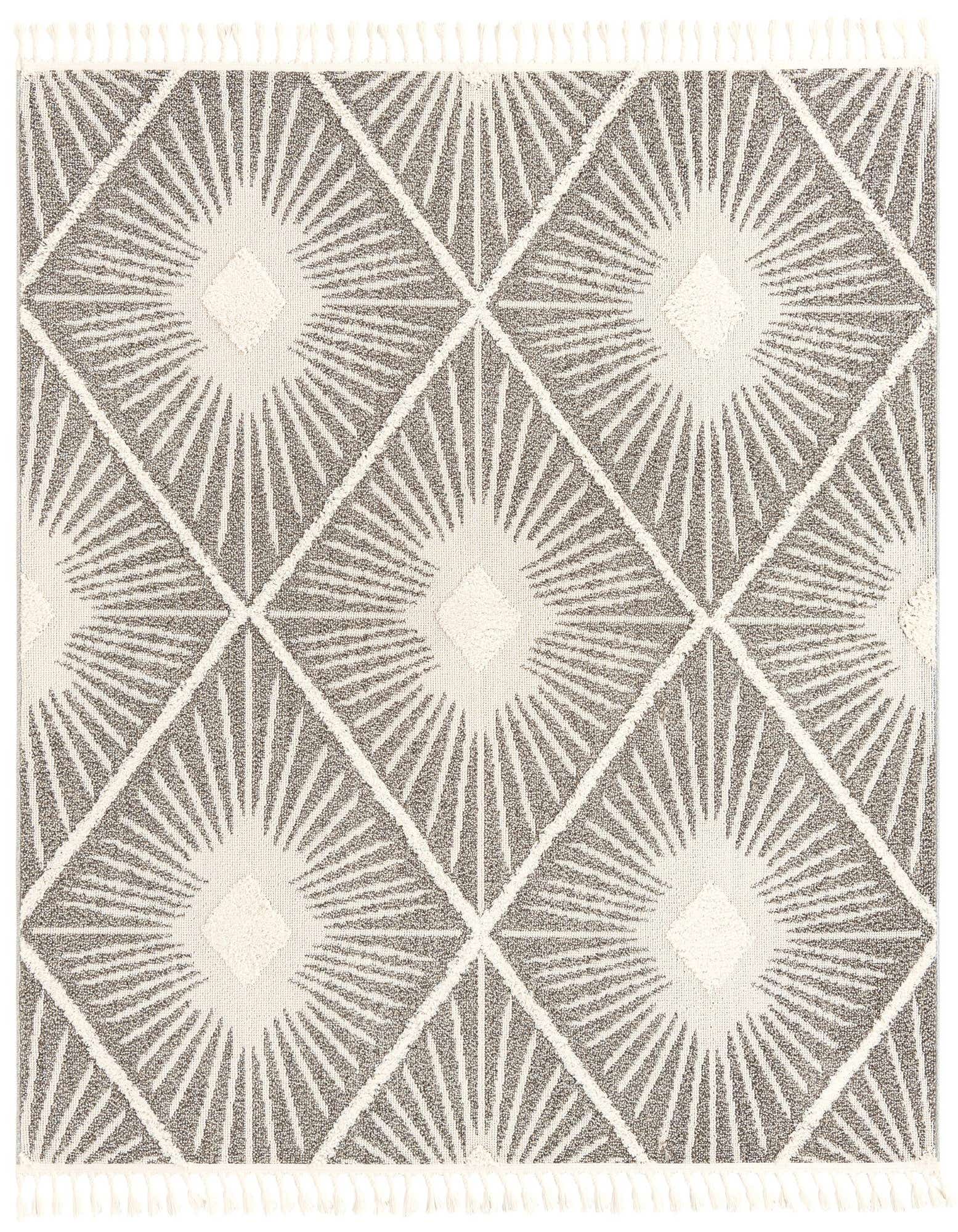 A square 7' 10 x 7' 10 ivory and gray Bohemian rug with a modern trellis pattern and fringe.