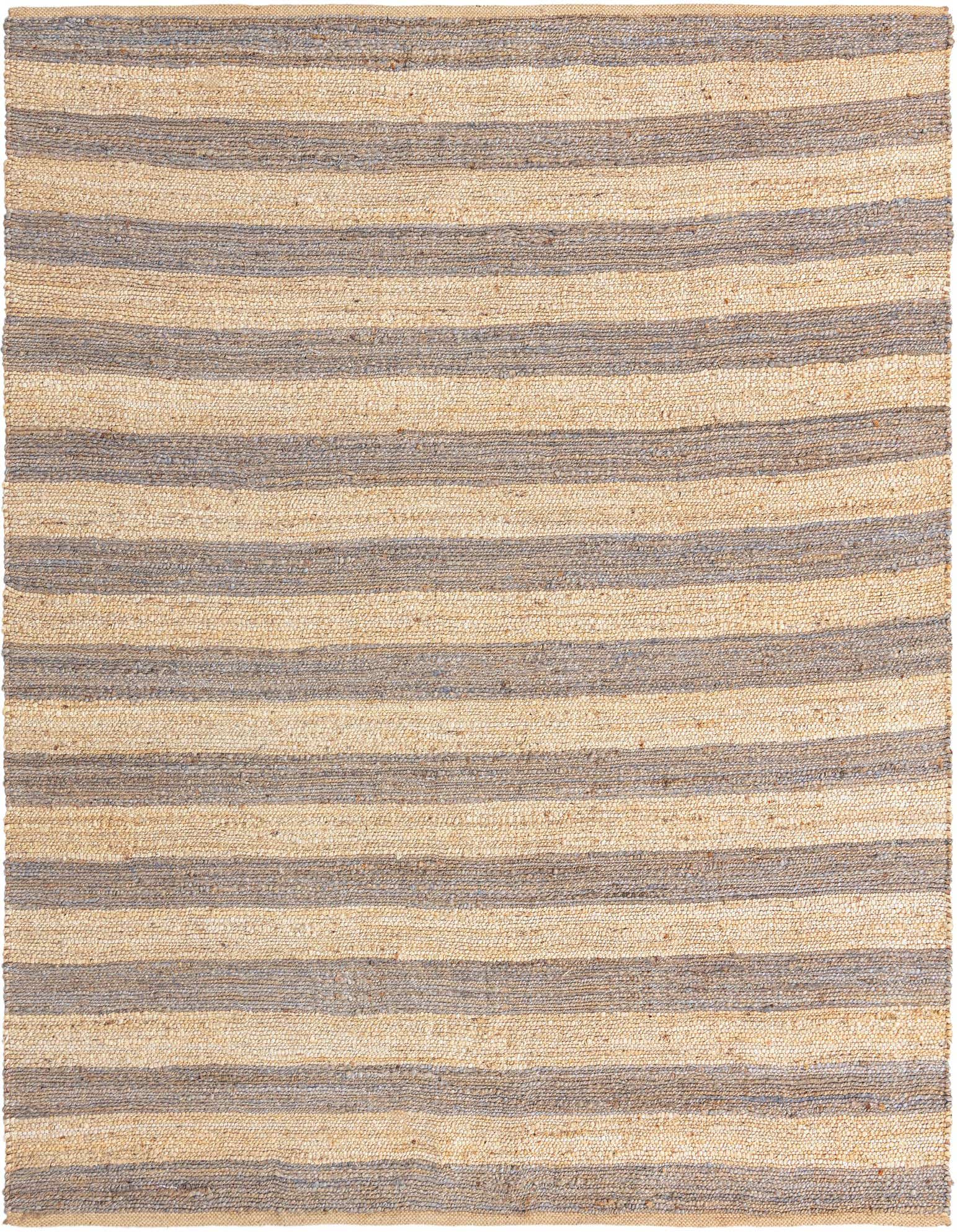 A square 7' 10 x 7' 10 natural jute rug with alternating horizontal stripes of ivory and gray, showcasing a textured, braided design.
