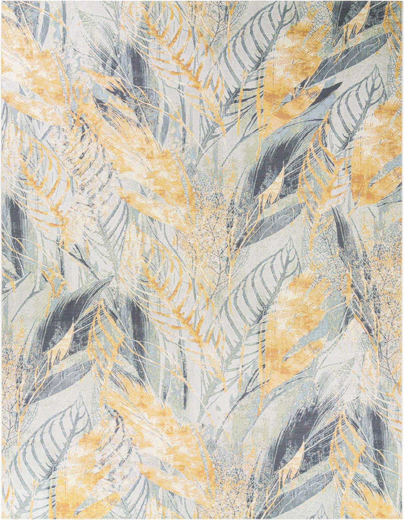 A 10x14 rectangular indoor/outdoor rug with a modern botanical pattern featuring ivory, gray, and gold leaves.
