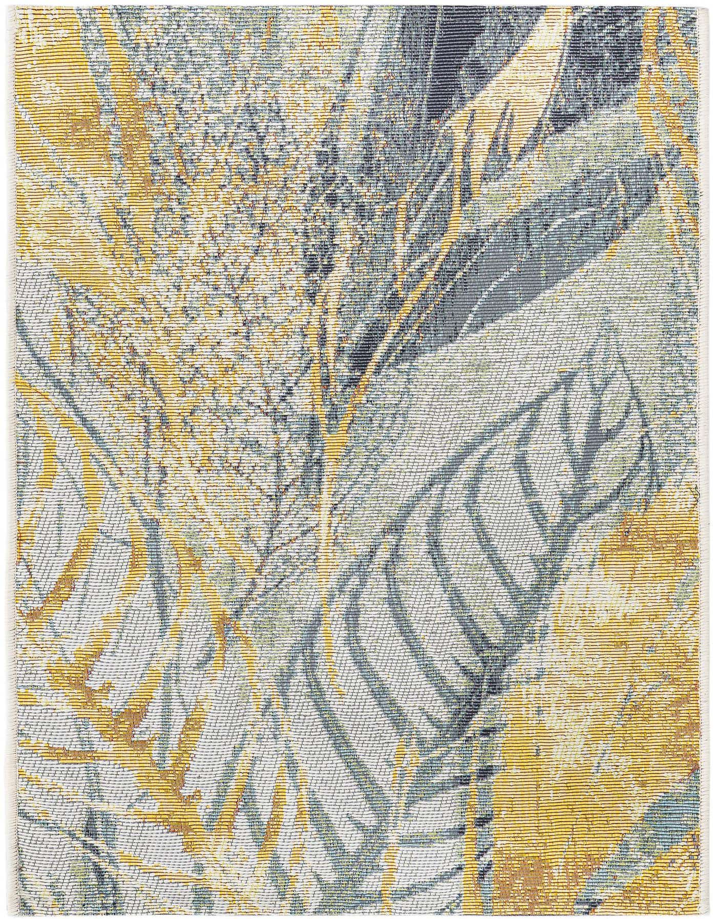 A 2x3 rectangular Rugs.com Outdoor Botanical rug featuring a modern abstract pattern with ivory, gray, and yellow botanical leaves.