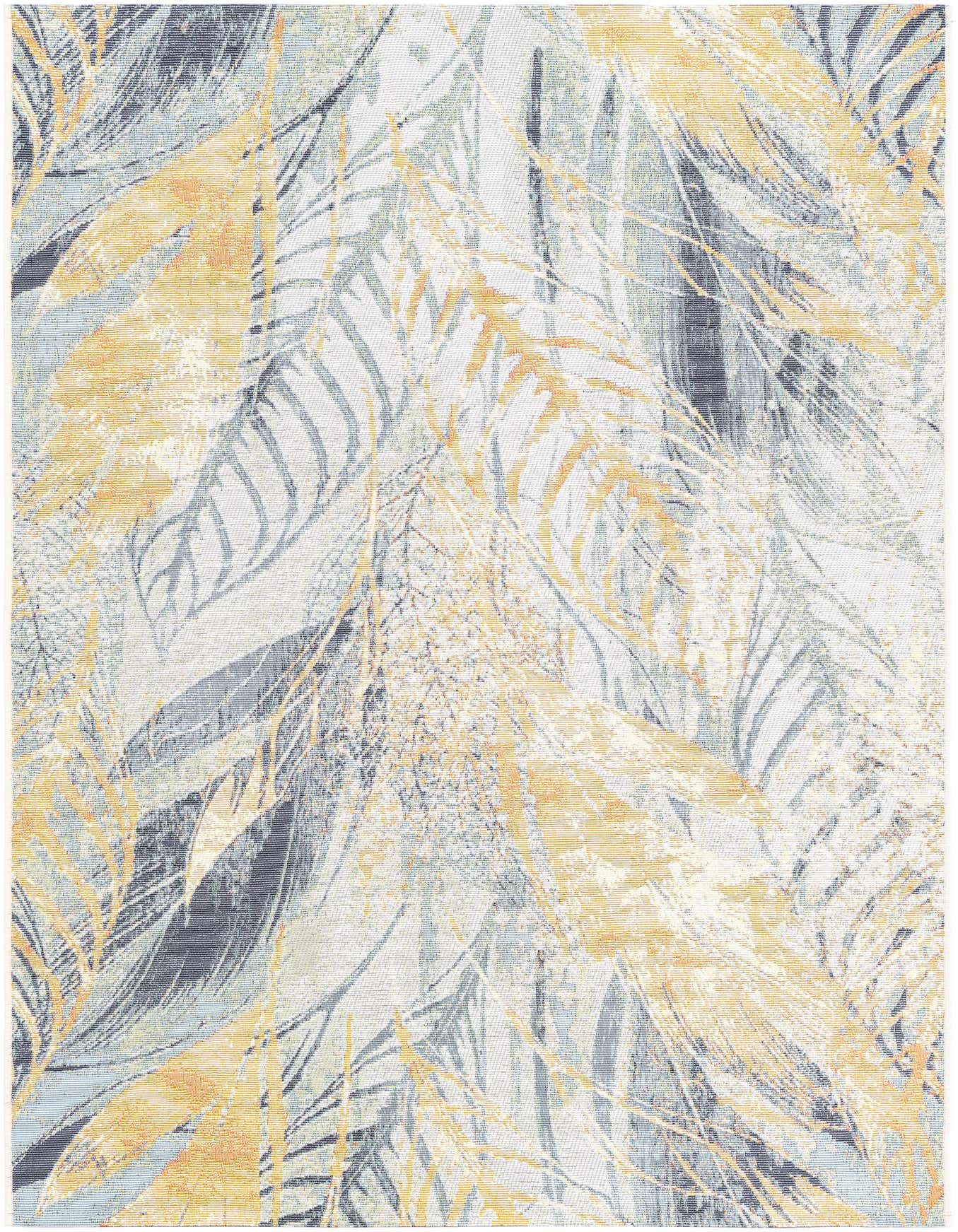 A 4x6 rectangular rug with an abstract botanical pattern in ivory, cream, gray, silver, white, and gold tones.