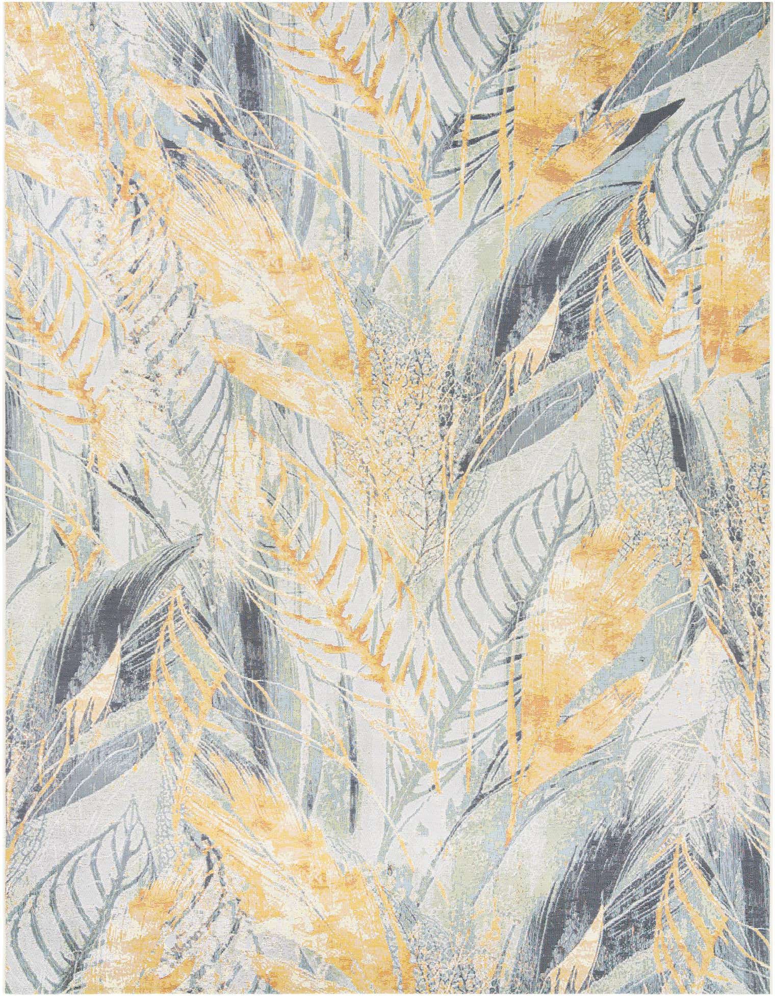 A 9x12 rectangular indoor/outdoor rug featuring an abstract botanical pattern with large ivory, gray, and gold leaves.