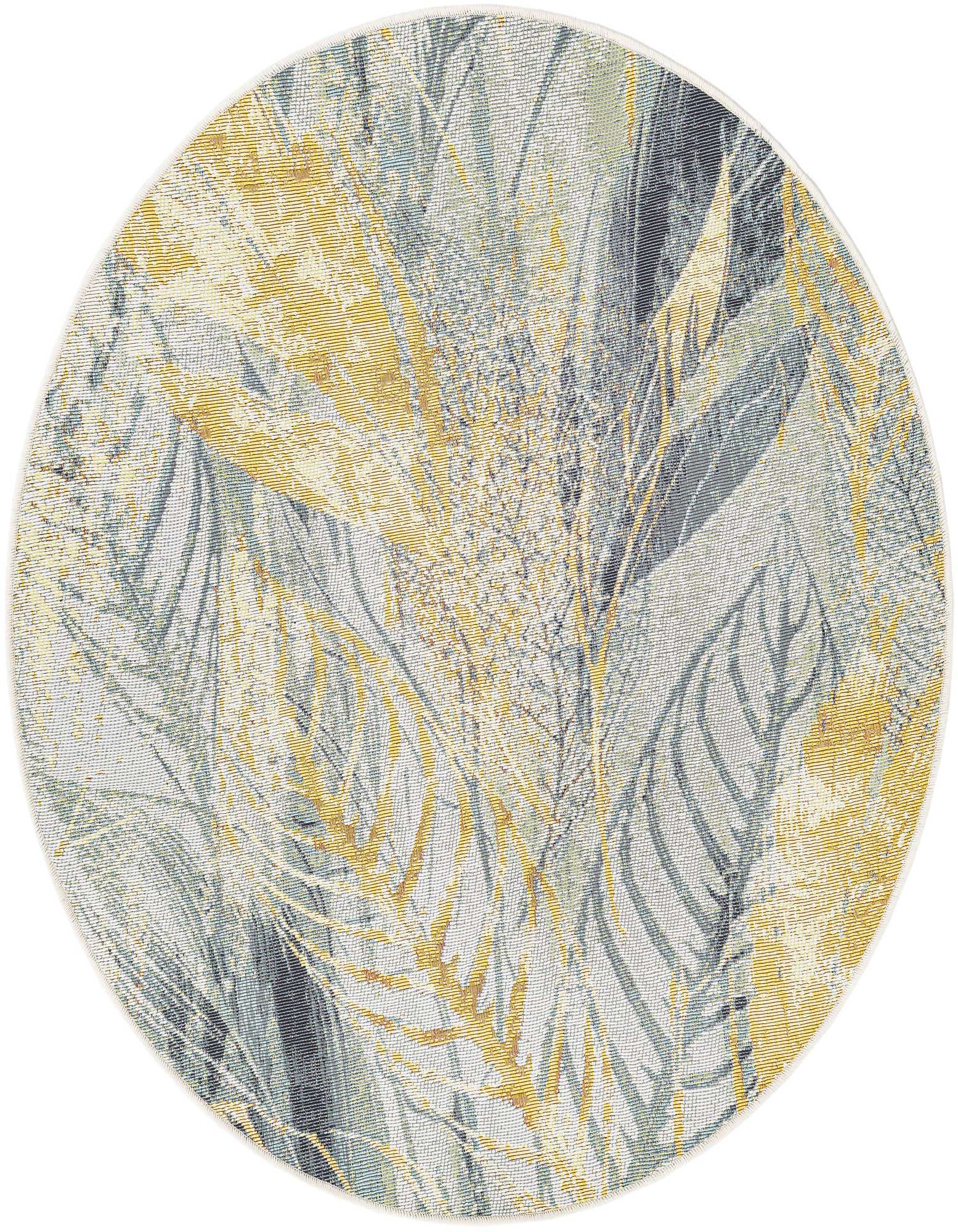 A 4' round indoor/outdoor rug with an abstract botanical pattern in ivory, cream, gray, silver, and gold.