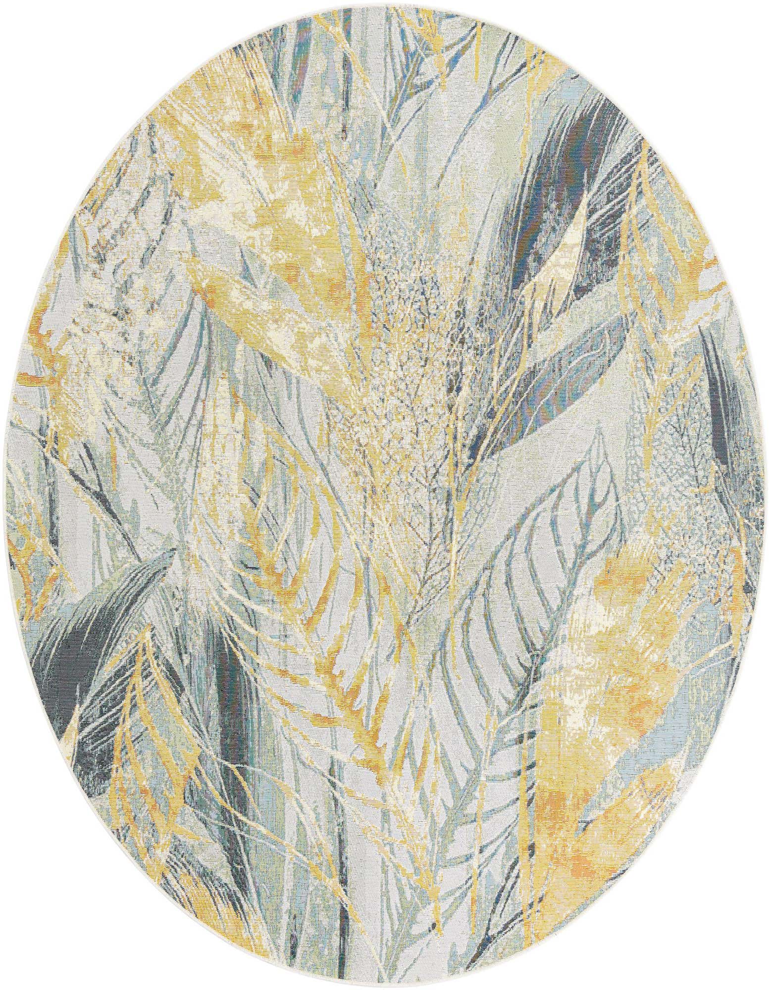 A 7' 10 round ivory, gray, and yellow modern botanical rug with an abstract leaf pattern, suitable for indoor or outdoor use.