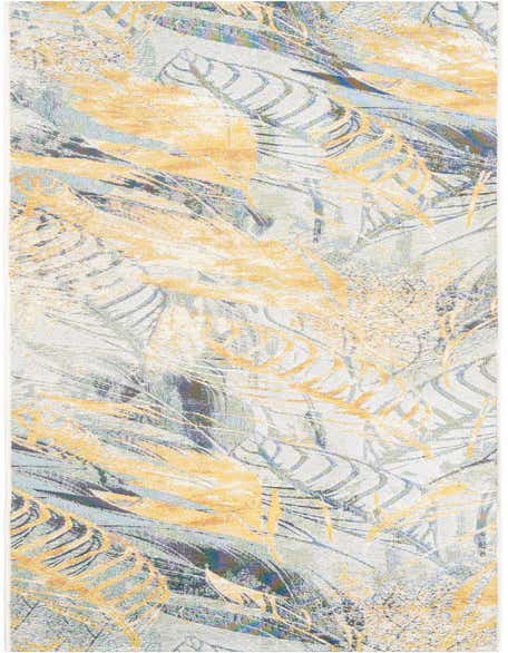 A 12 ft runner rug featuring an abstract botanical pattern in ivories, creams, grays, silvers, whites, and yellows.