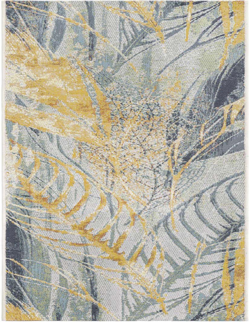 A 5 ft runner rug with an abstract botanical pattern in ivories, creams, grays, silvers, whites, and yellows.