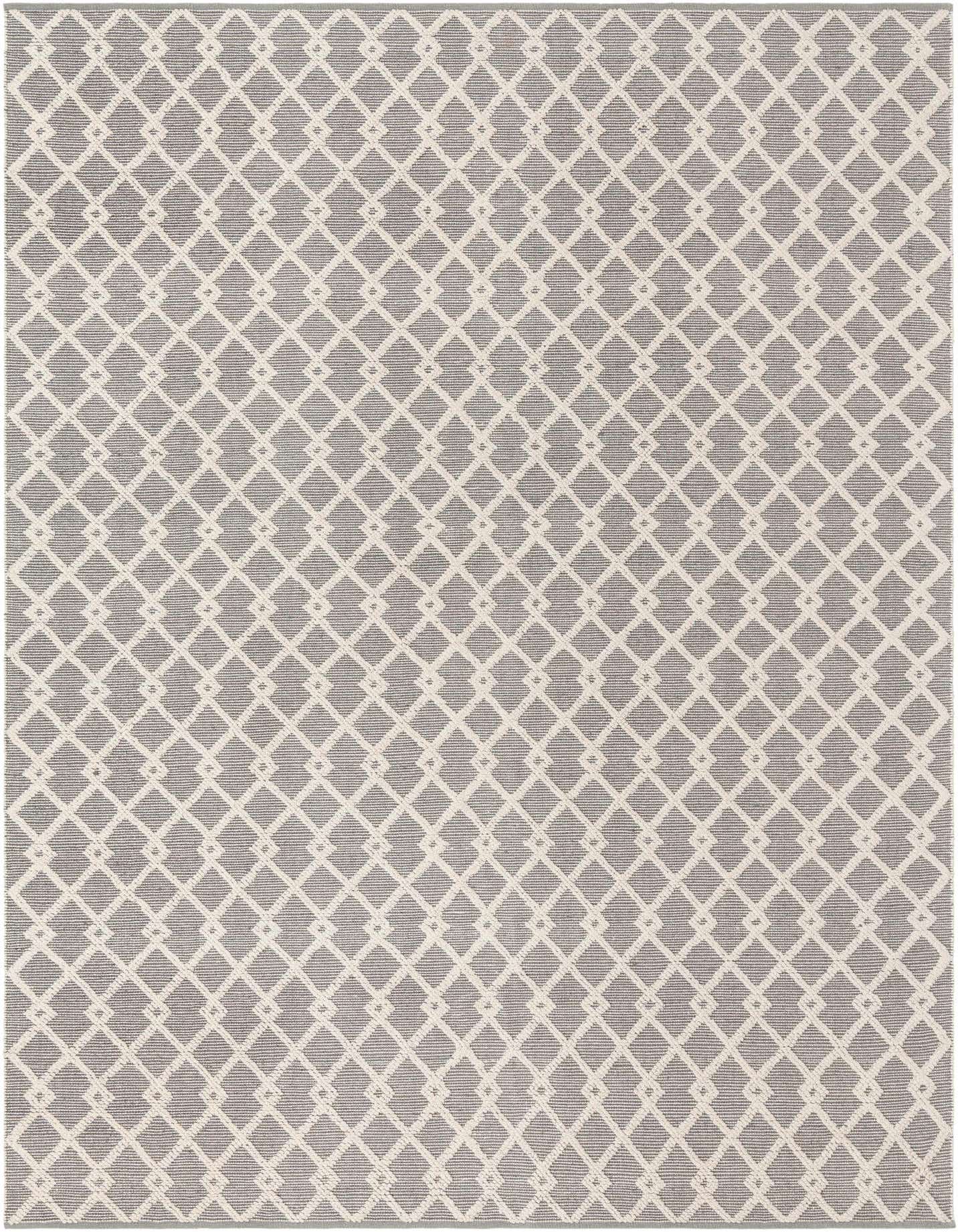 A 10x14 rectangular gray and silver rug with a repeating modern Oriental diamond pattern, suitable for an indoor living space.