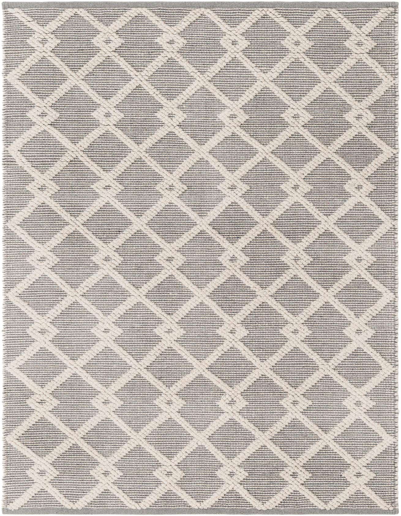 A 4x6 rectangular gray and off-white modern area rug with a textured abstract diamond pattern.