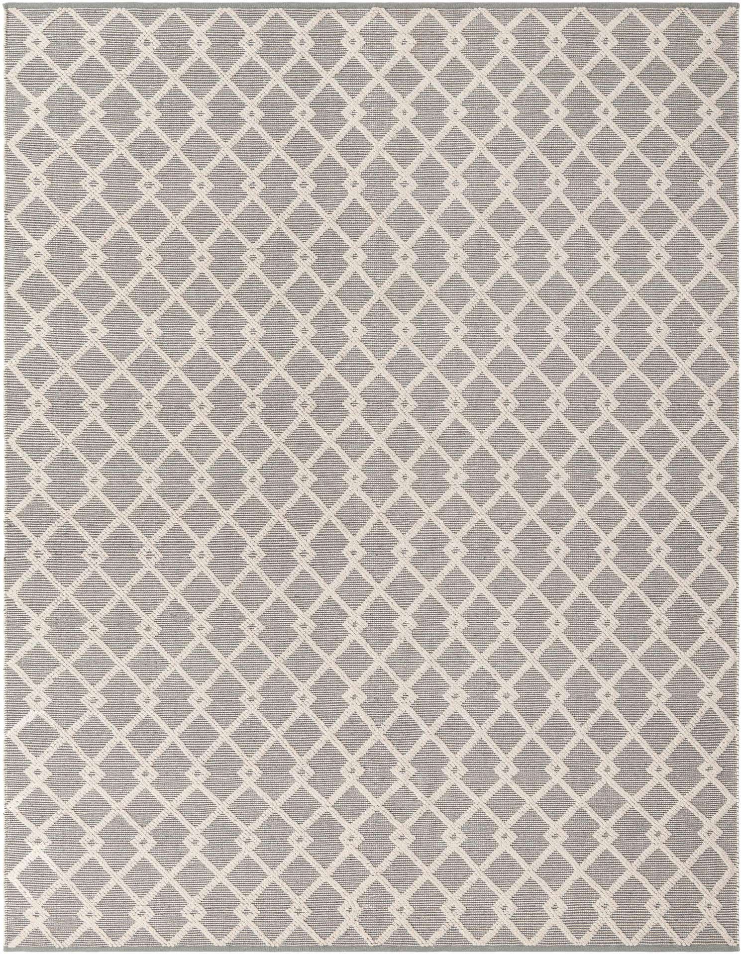 A 9x12 rectangular gray and silver rug with a modern geometric diamond pattern, suitable for a living room.