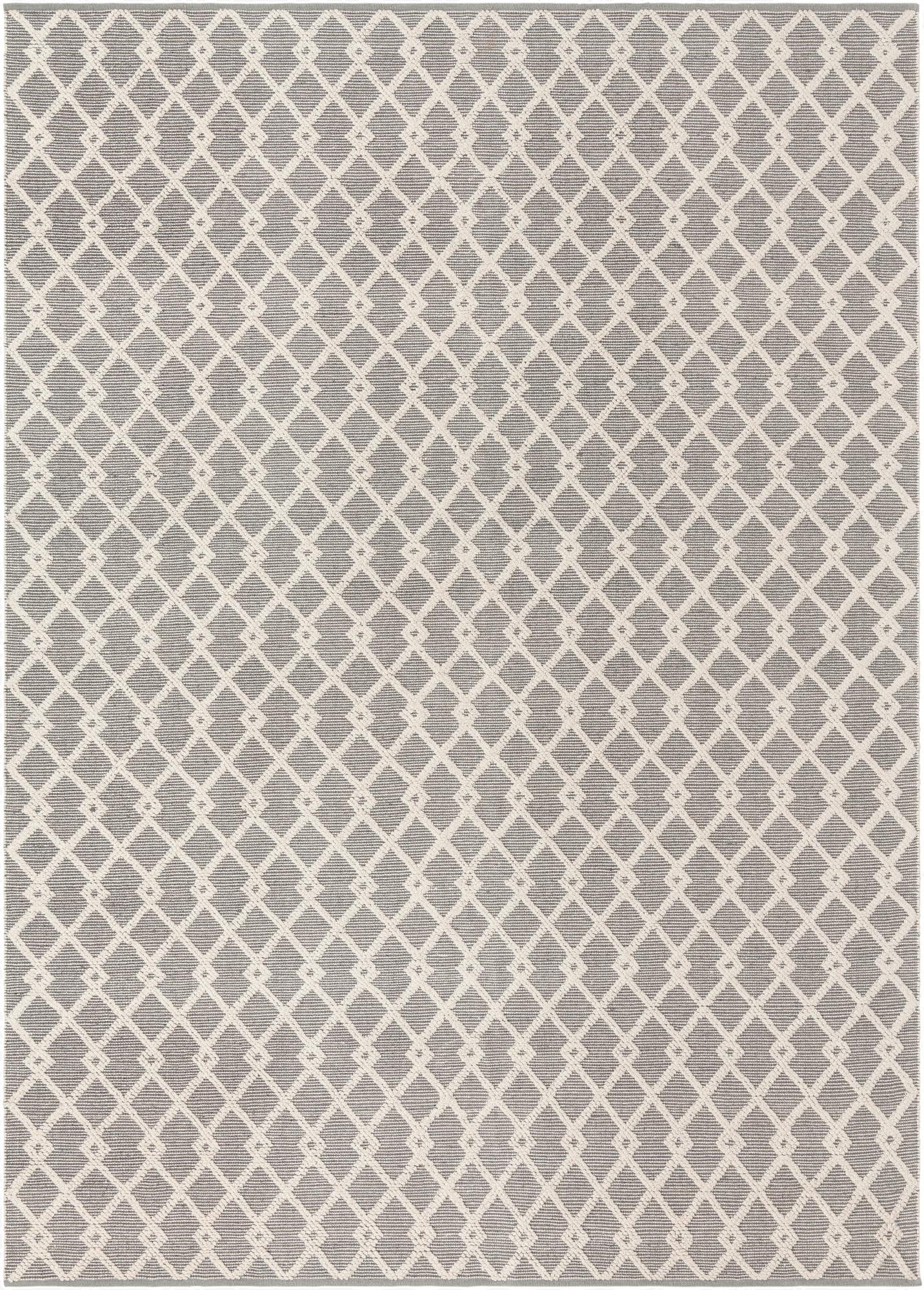 A 10x14 rectangular gray and silver rug with a repeating modern Oriental diamond pattern, suitable for an indoor living space.
