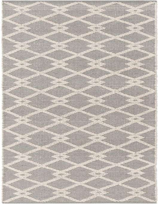 A 10 ft runner rug in shades of gray with a modern geometric diamond pattern, made from wool and cotton.
