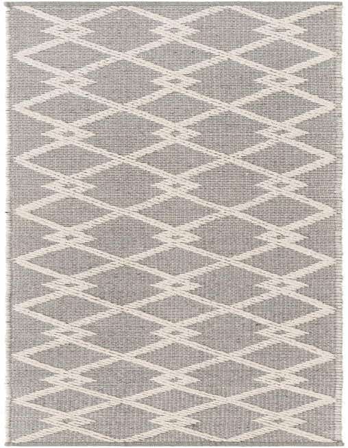 A gray and ivory 8 ft runner rug with a modern geometric diamond pattern, ideal for a hallway or kitchen.