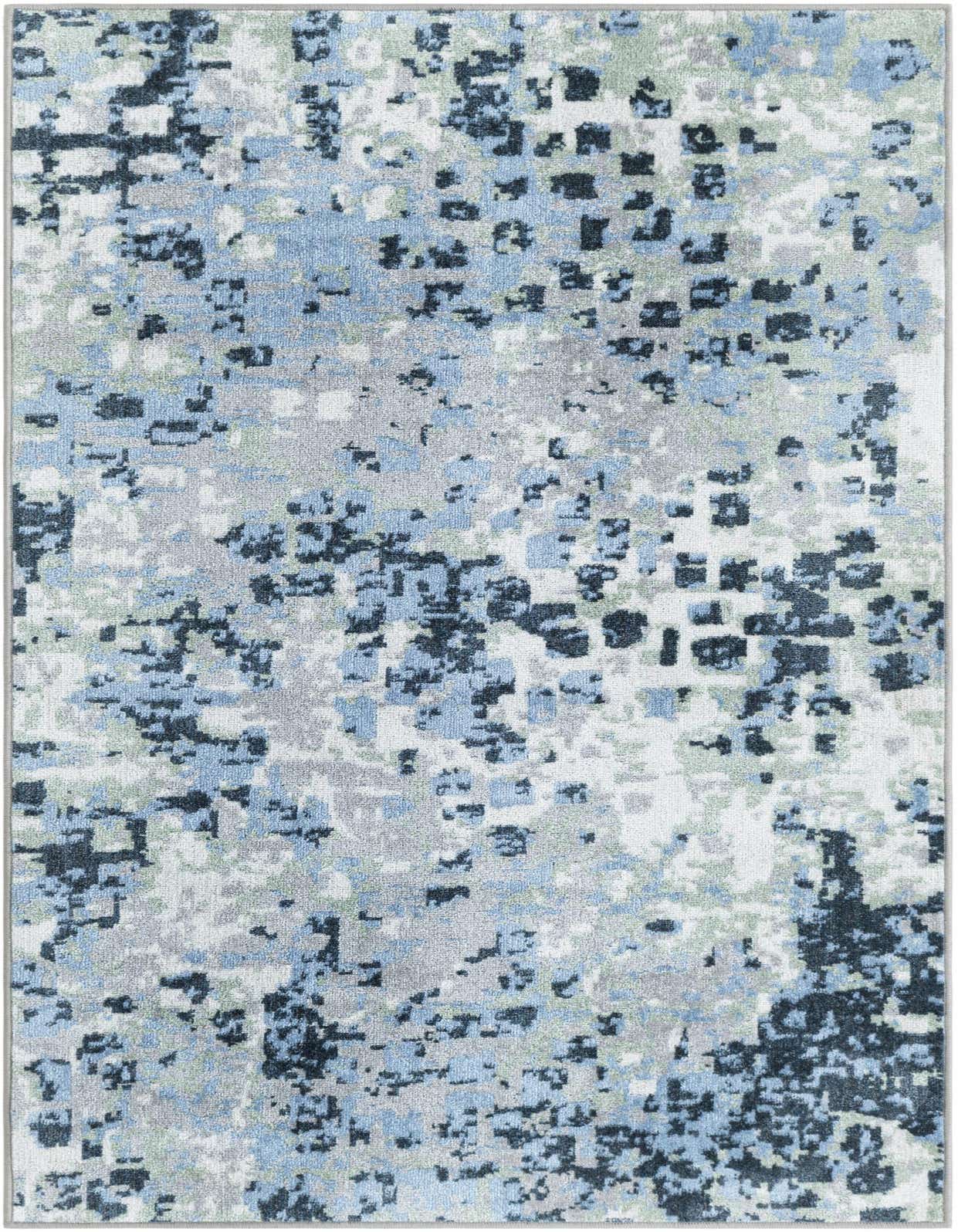 A 3x5 rectangular modern abstract rug featuring a pixelated pattern in shades of blue, gray, silver, and light green.