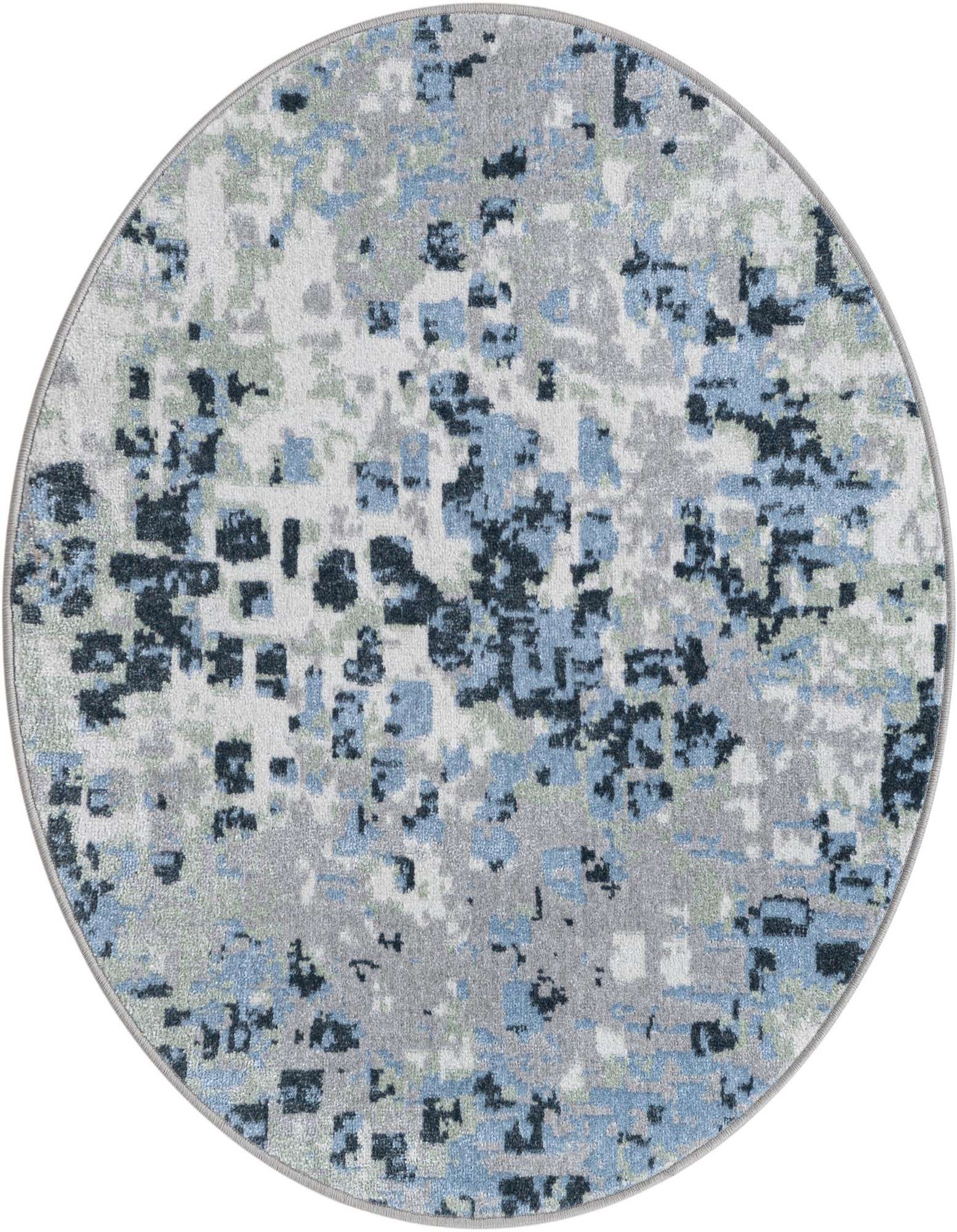 Round modern abstract rug featuring a mosaic of blues, grays, and greens, ideal for indoor spaces.