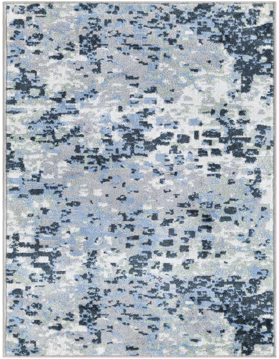 A 4 ft runner rug featuring a modern abstract pattern in shades of blue, gray, and green, ideal for a hallway.