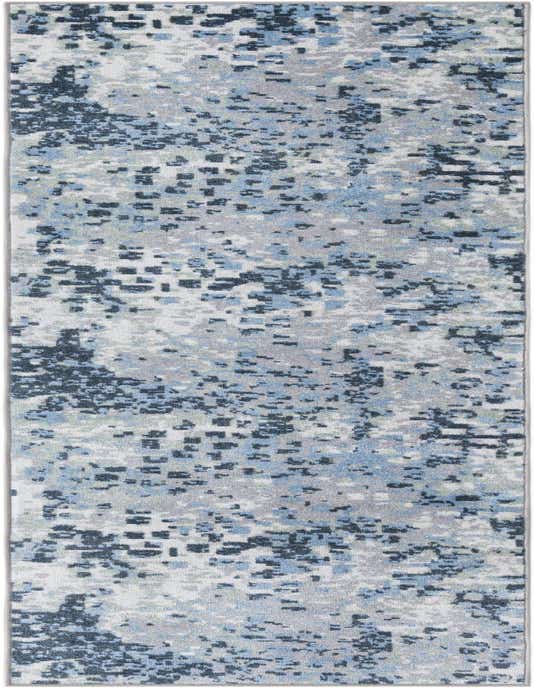 A long 8 ft runner rug with an abstract modern pattern in shades of blue, gray, and silver.
