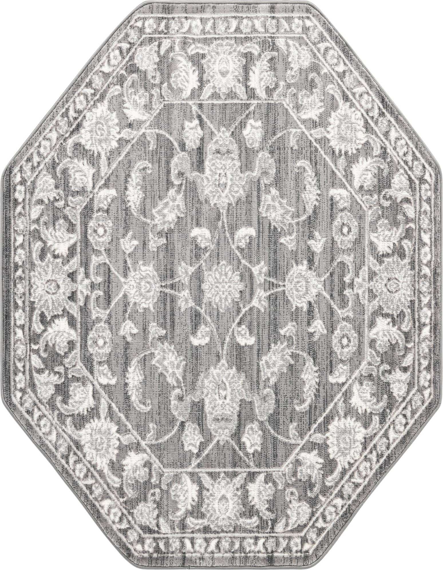Octagon gray area rug with a detailed white traditional botanical pattern and border, suitable for various indoor spaces.