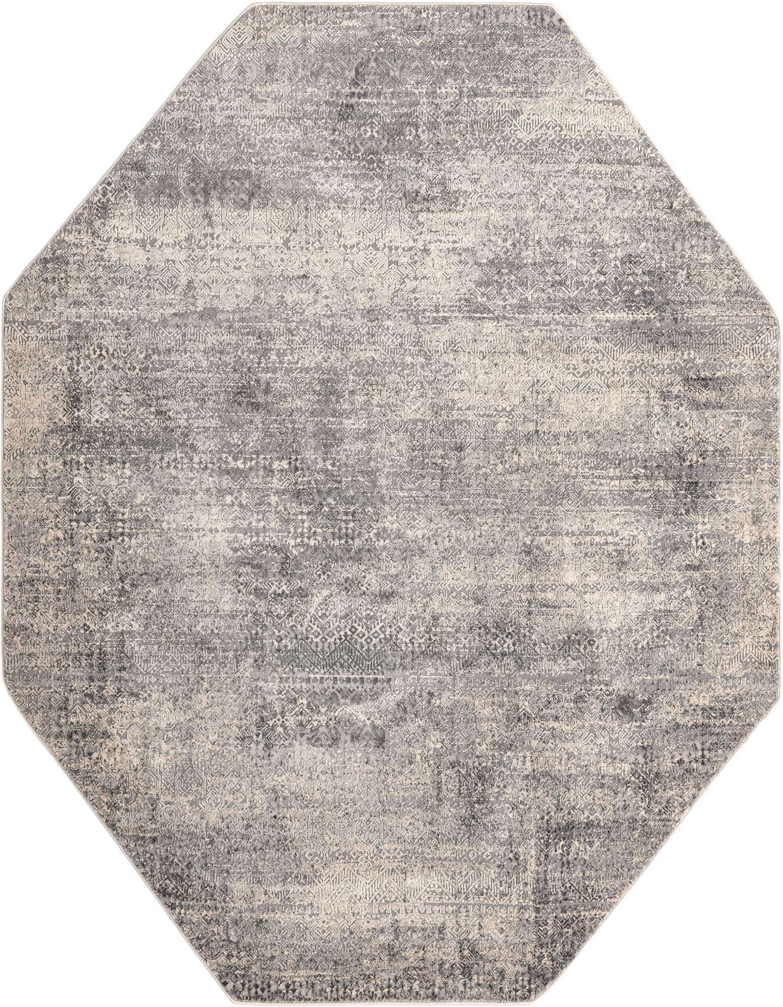 An octagon-shaped gray and silver modern area rug with a distressed, textured pattern, suitable for a living room or patio.