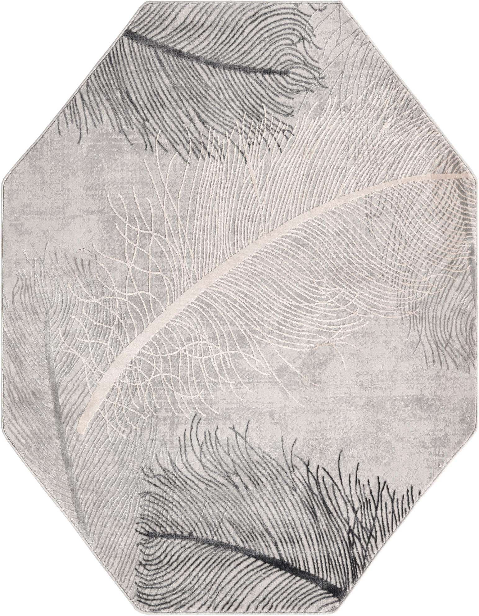 Octagon gray area rug with a modern tropical feather pattern in varying shades of gray and silver.