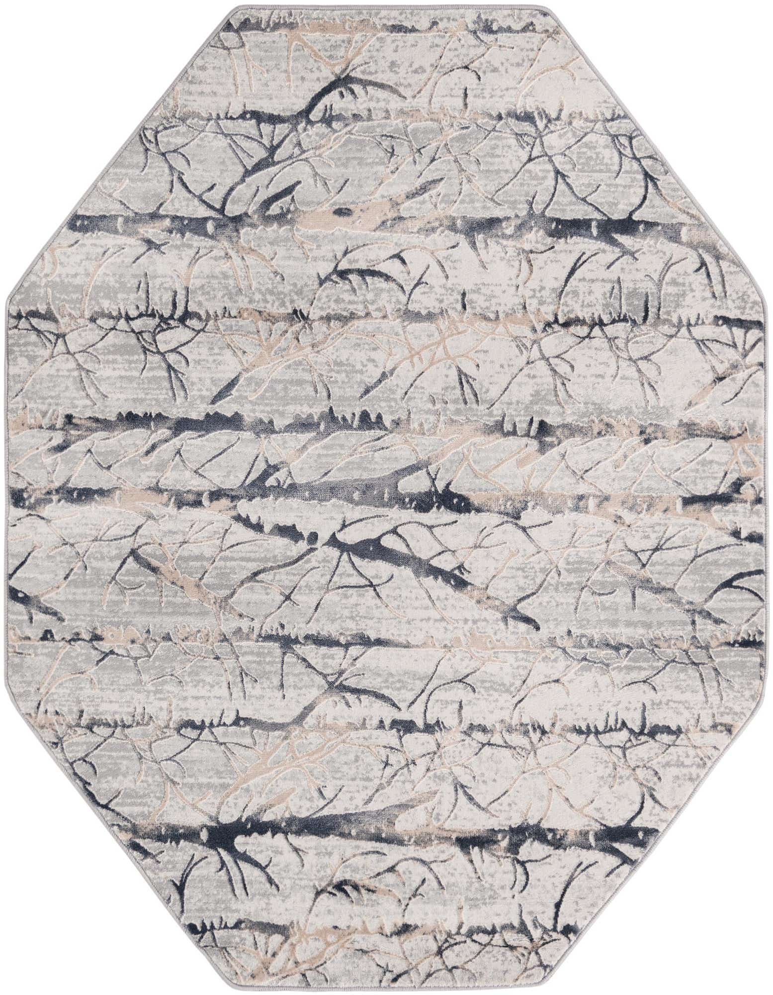 Octagon rug with a modern stripe pattern in varying shades of gray, silver, and beige, featuring a textured high-low pile.