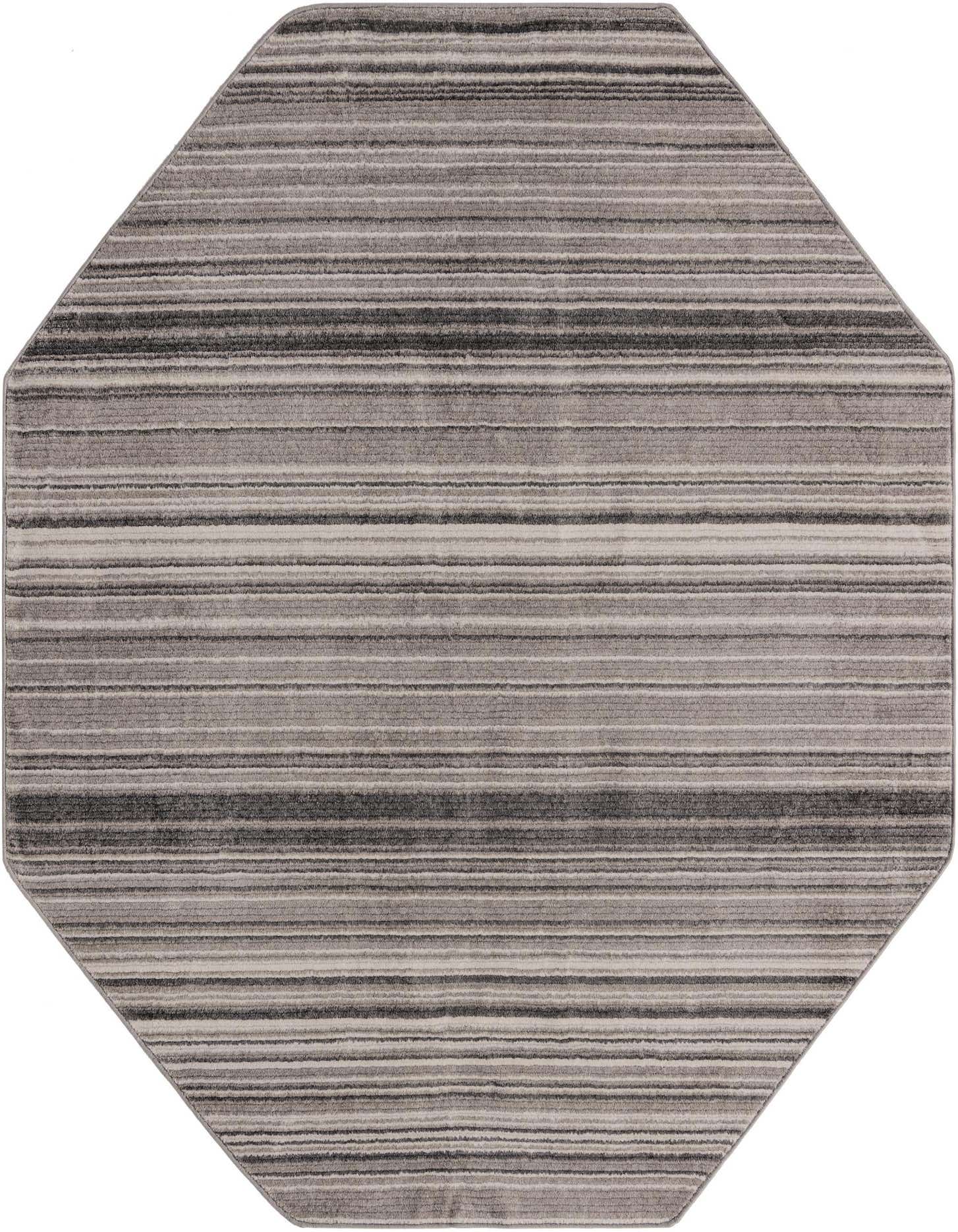 7' 3 x 7' 3 octagon rug from the Gemstone collection, featuring horizontal stripes in varying shades of gray and silver.