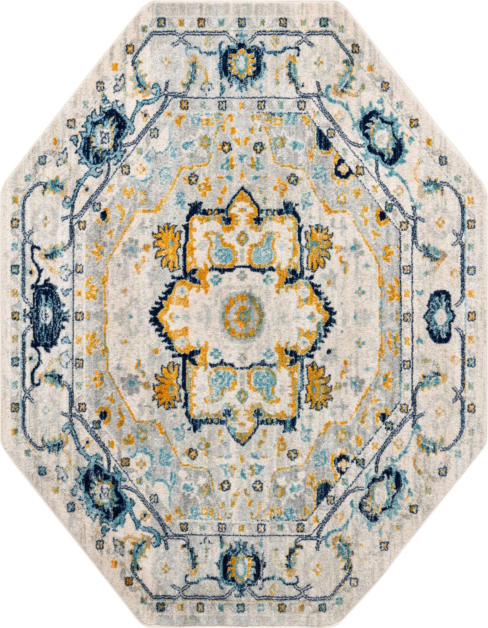 An octagon-shaped Madeline Vintage rug featuring a traditional medallion pattern in grays, silvers, blues, and yellows.