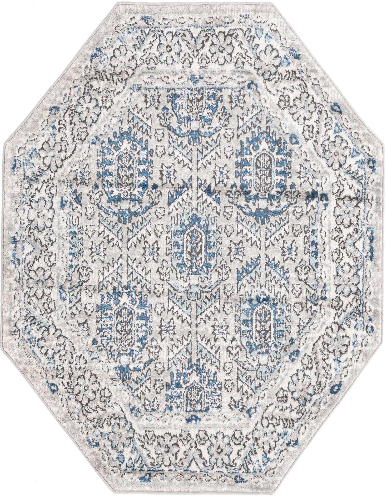 An octagon-shaped gray and blue traditional rug with an intricate medallion pattern and distressed vintage look.