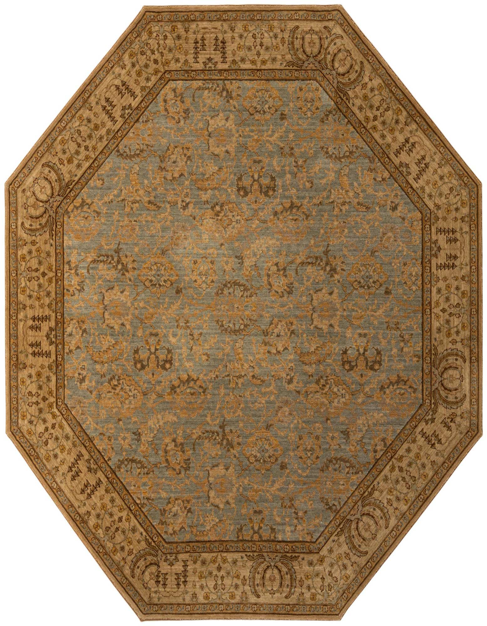 An 8' 0 x 8' 0 octagon rug from the Rugs.com Sara Collection. It features a gray modern floral pattern with a tan border, suitable for an indoor living space.
