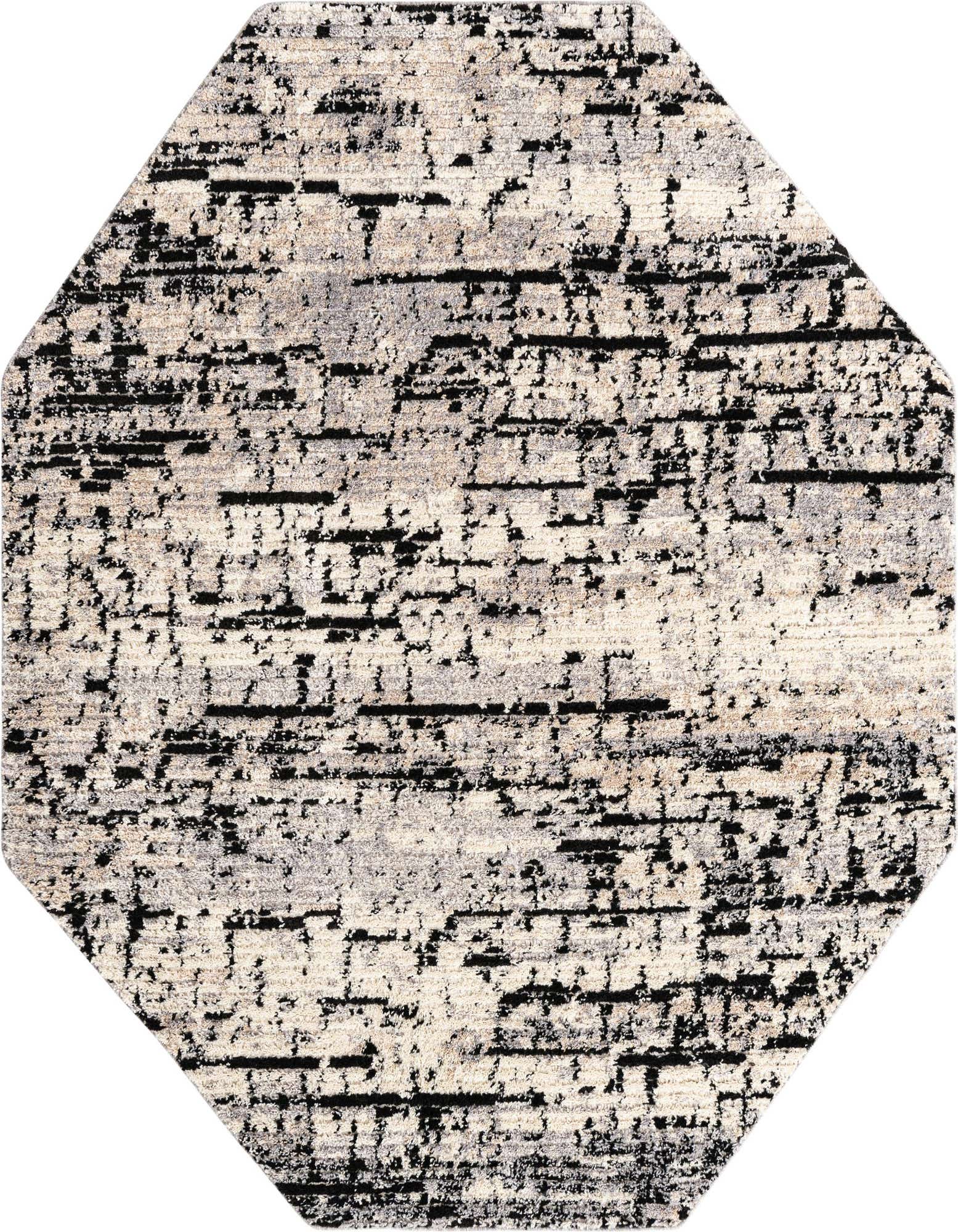 A 7' 0 x 7' 0 octagon gray Southwestern shag rug with a modern, distressed stripe pattern.