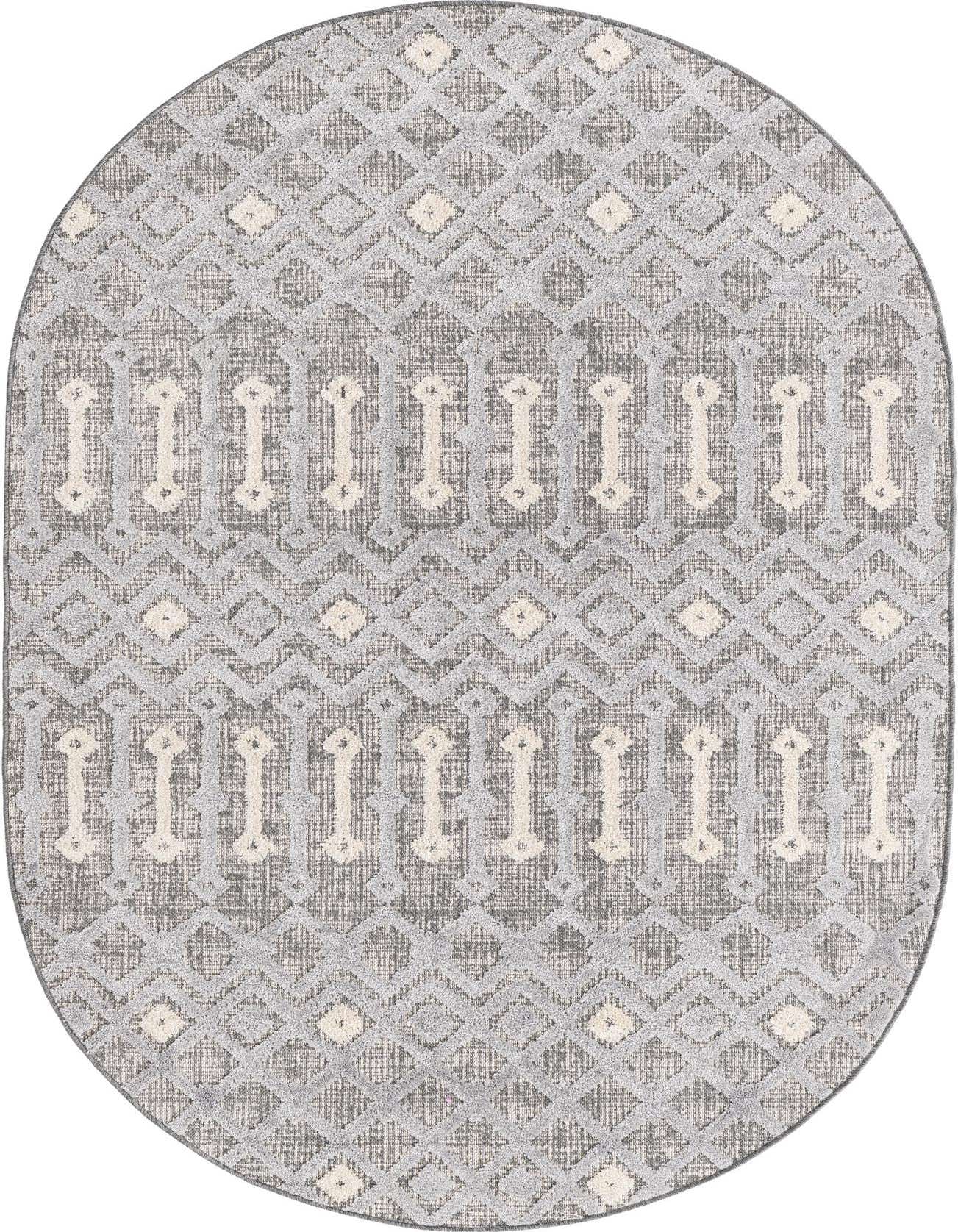 An oval 5'3" x 8'0" gray and silver rug featuring a modern tribal pattern with raised cream abstract motifs and a textured pile.
