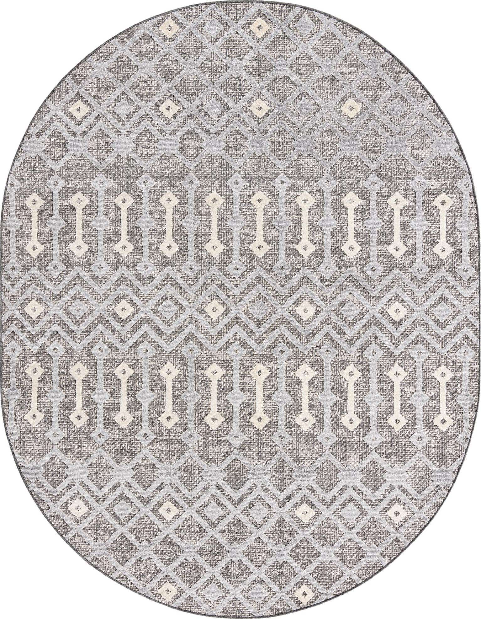 A 7' 10 x 10' 0 oval gray and silver tribal rug with a modern abstract pattern and textured high/low pile.