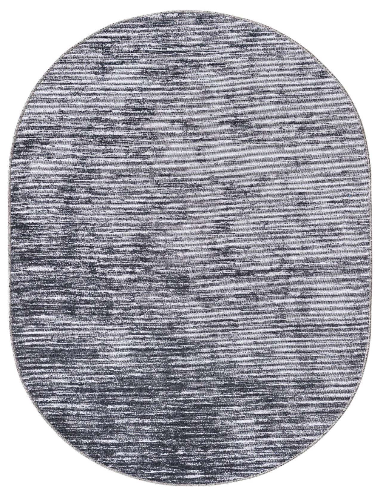 An oval 3' 6 x 5' 6 gray and silver modern chenille rug with a textured stripe pattern.