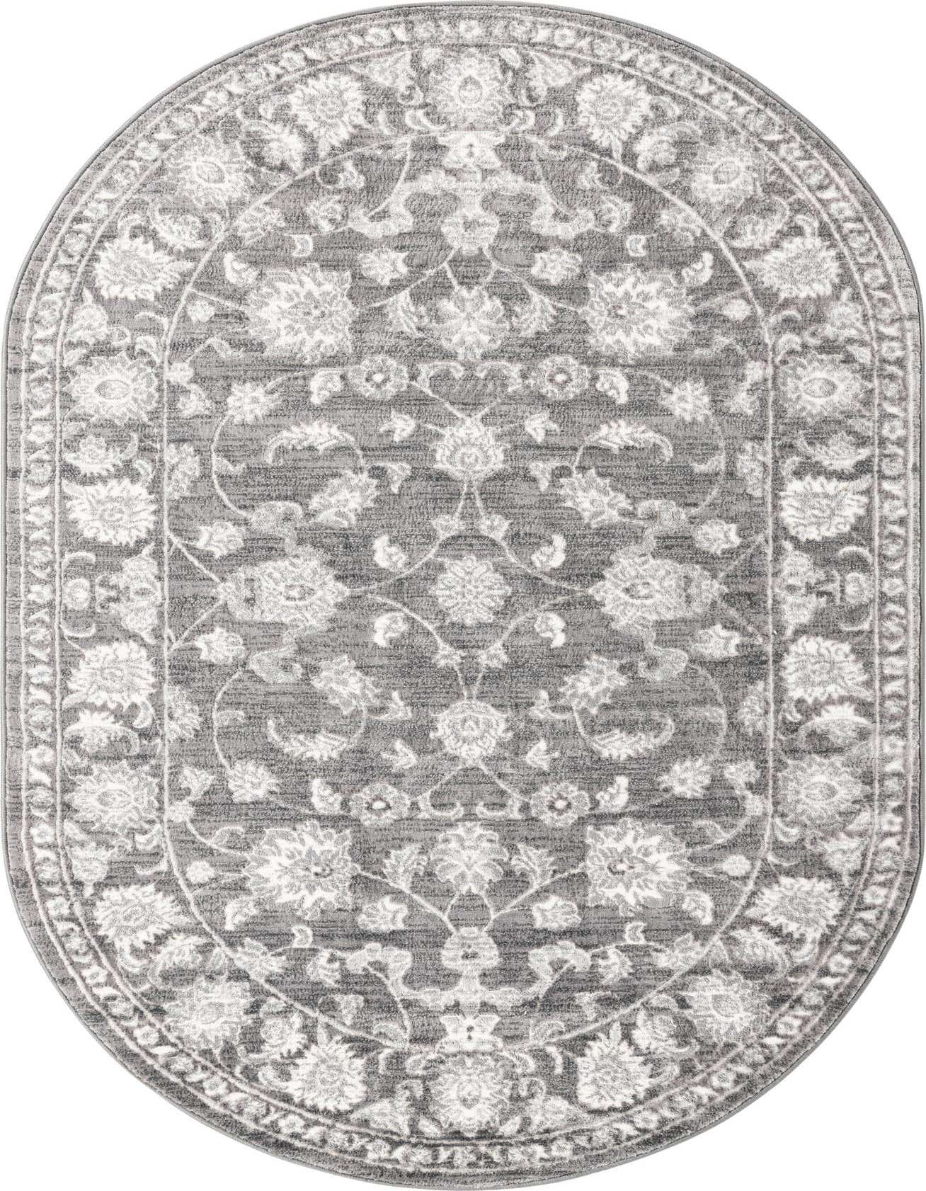 A 5' 3 x 8' 0 oval gray area rug with a traditional botanical floral pattern and a textured pile.