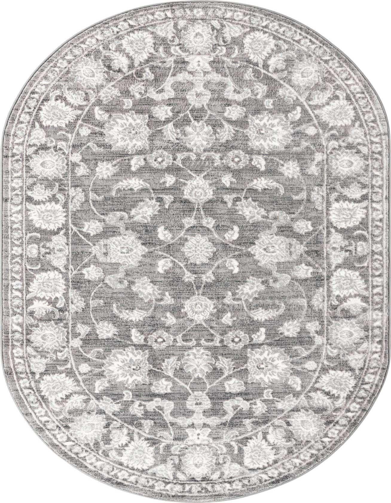 A 3' 3 x 5' 3 oval gray area rug with an intricate white floral and botanical pattern, featuring a textured pile.