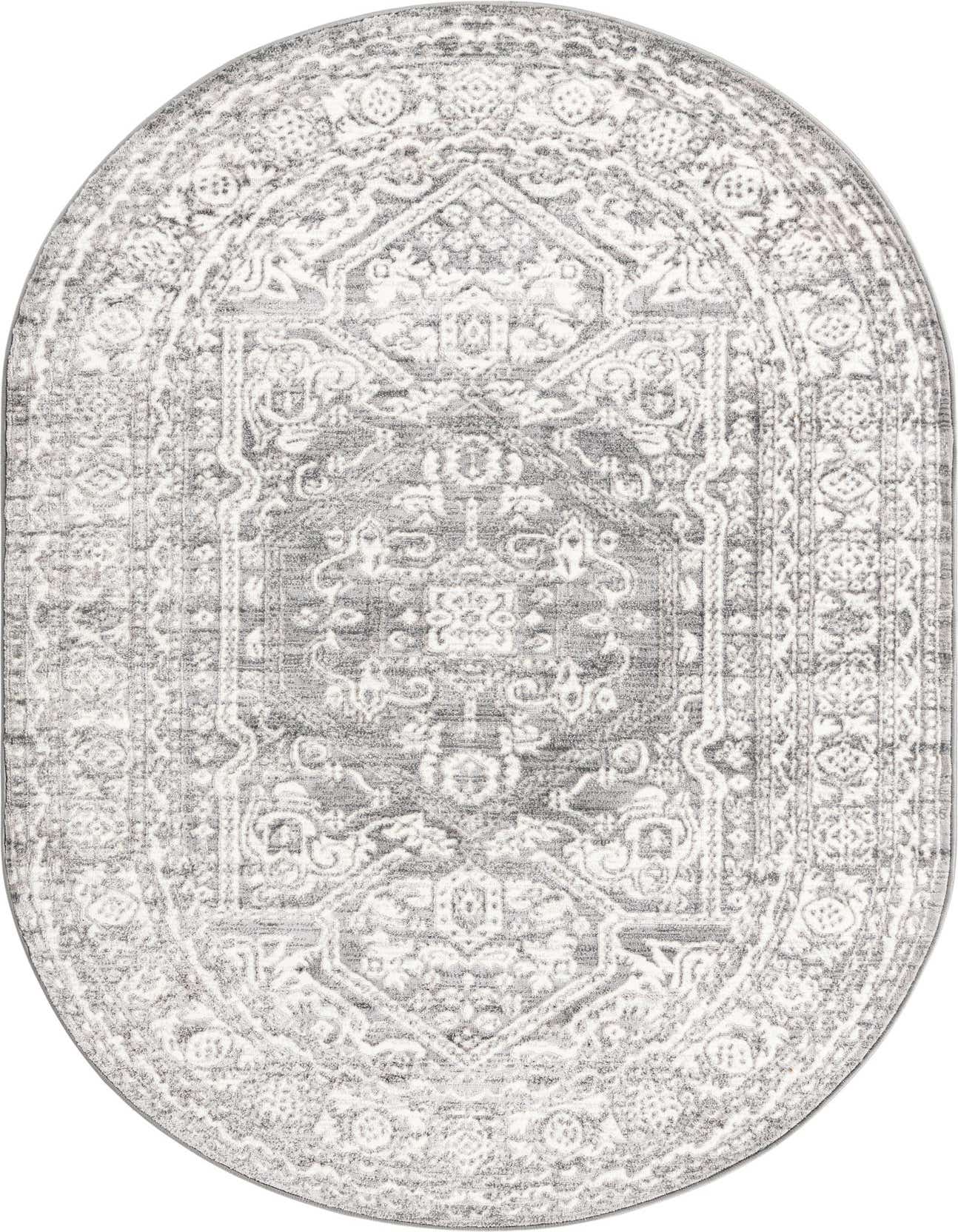 An oval 3' 3 x 5' 3 gray and silver transitional rug with a distressed medallion pattern.