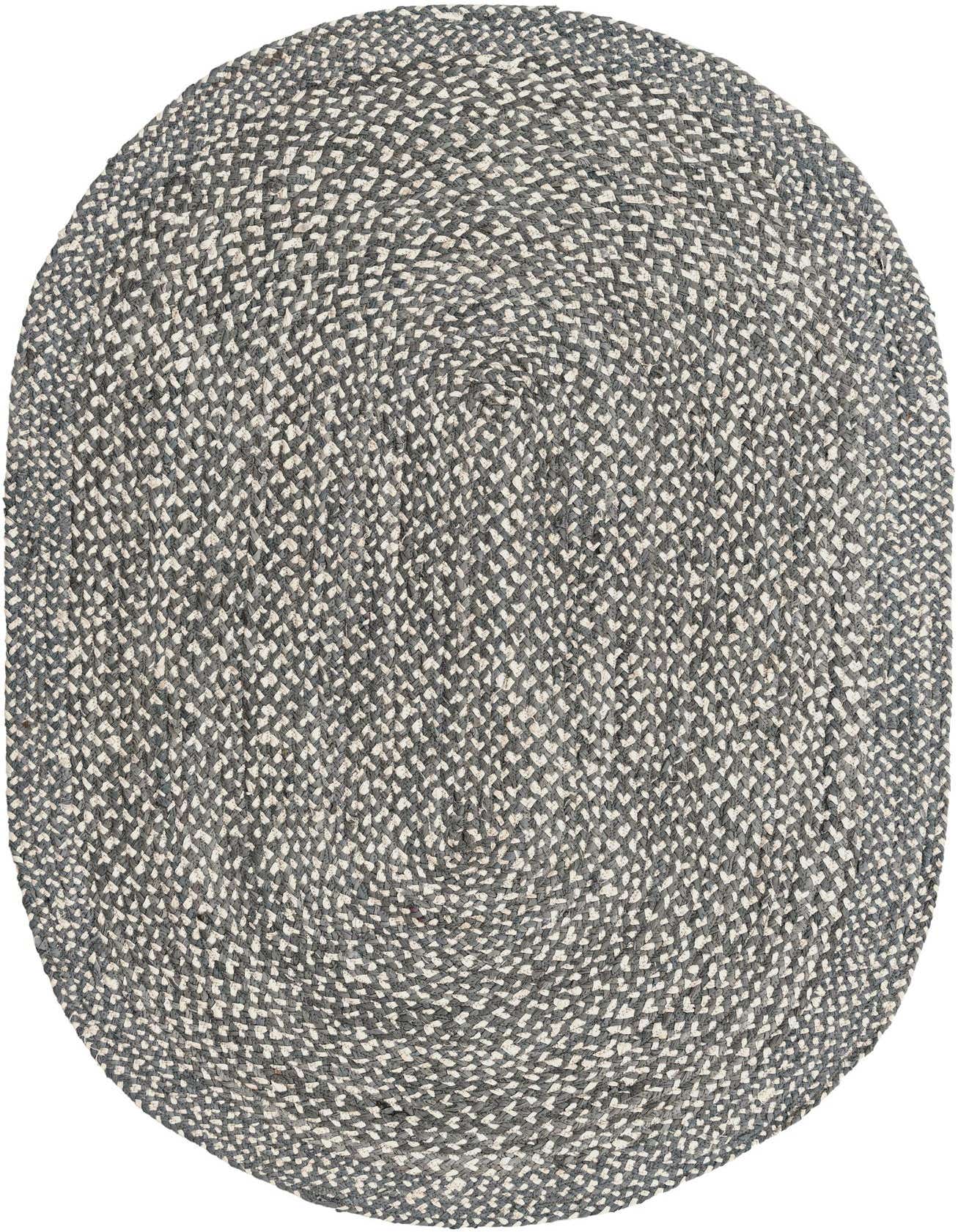 An oval 5'1" x 8'0" gray and white braided chindi rug with a textured, flatweave surface, perfect for an indoor living space.