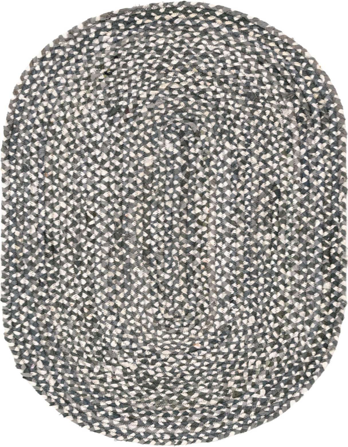 An oval 3' 3 x 5' 1 gray braided chindi rug with a textured, flatweave pattern, made from recycled cotton.