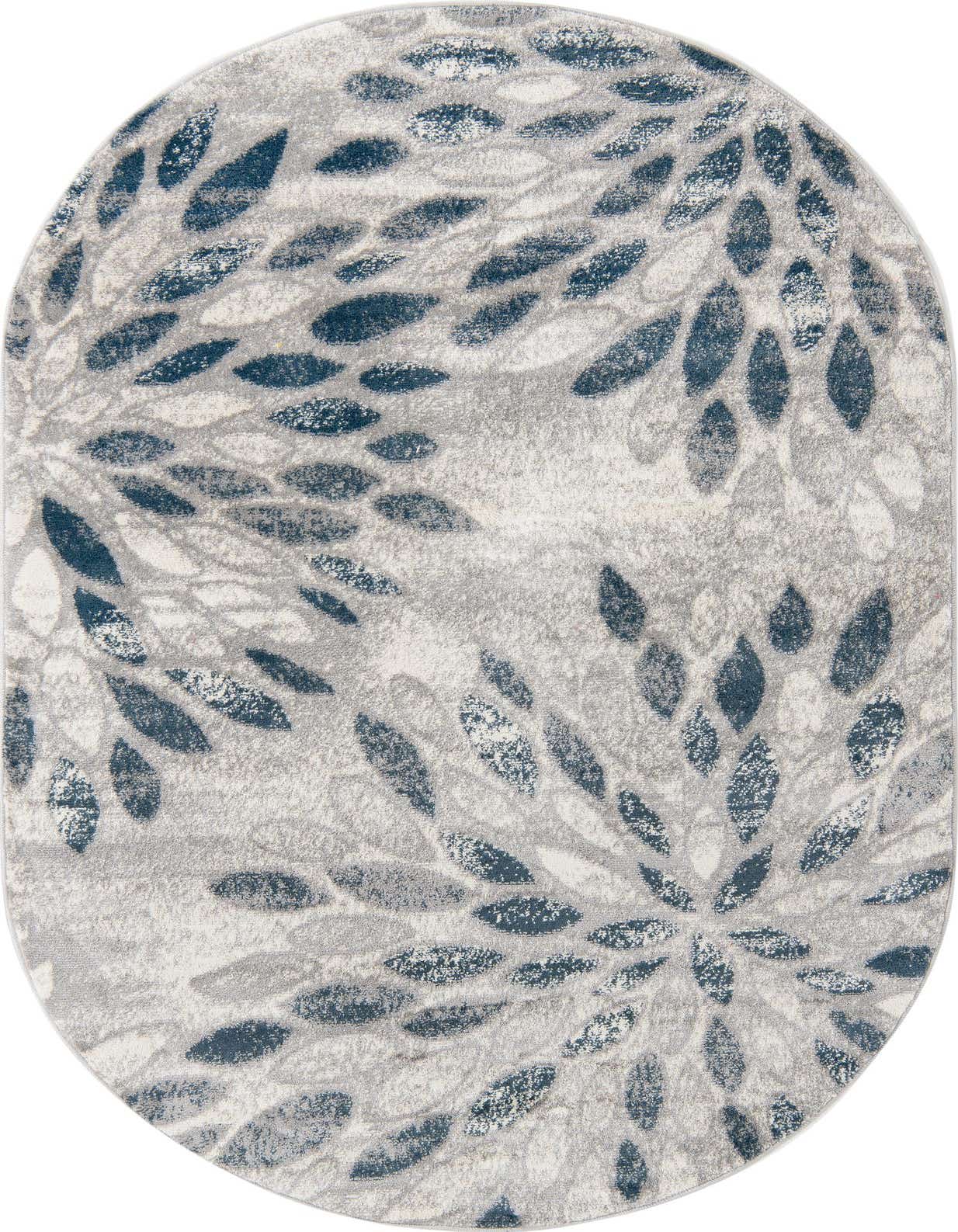 An oval 5' 0 x 8' 0 Charleston rug with a modern floral pattern in shades of gray and silver.