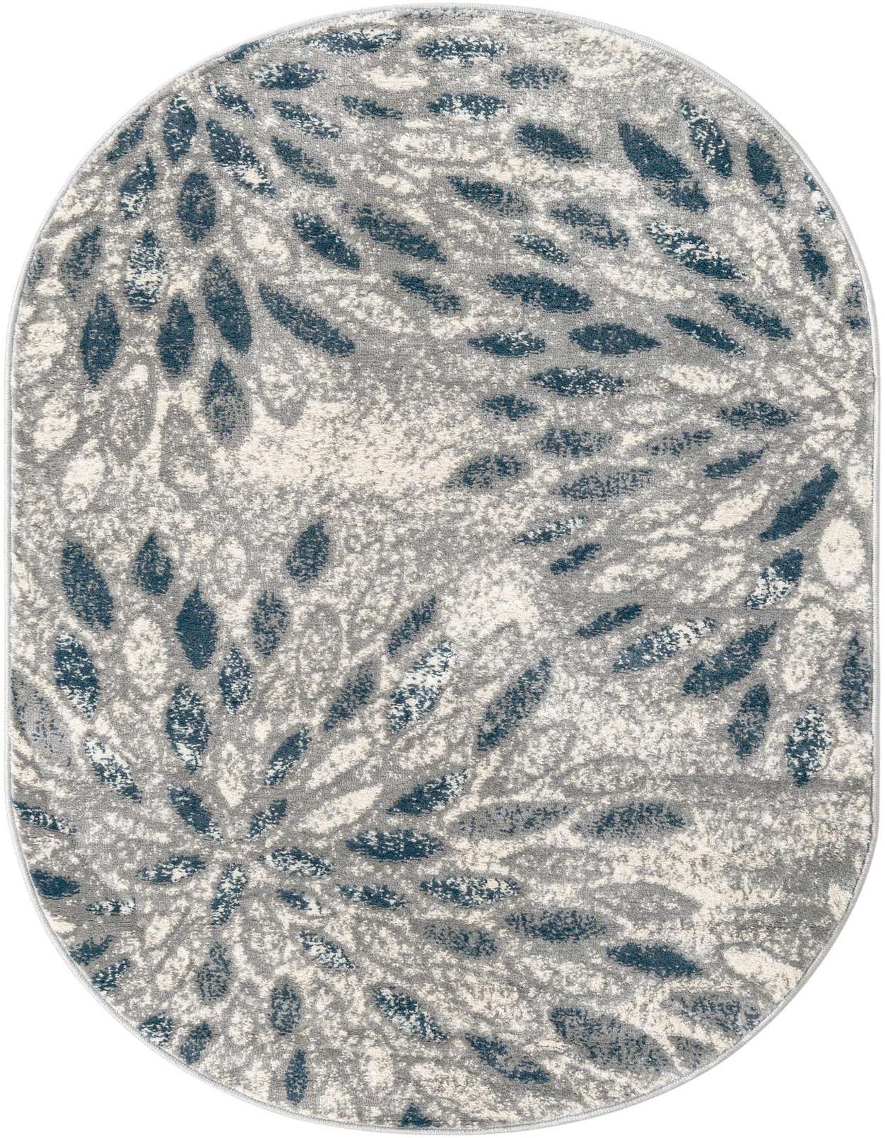 Oval gray modern area rug with a scattered floral pattern in dark blue and light gray, suitable for indoor use.