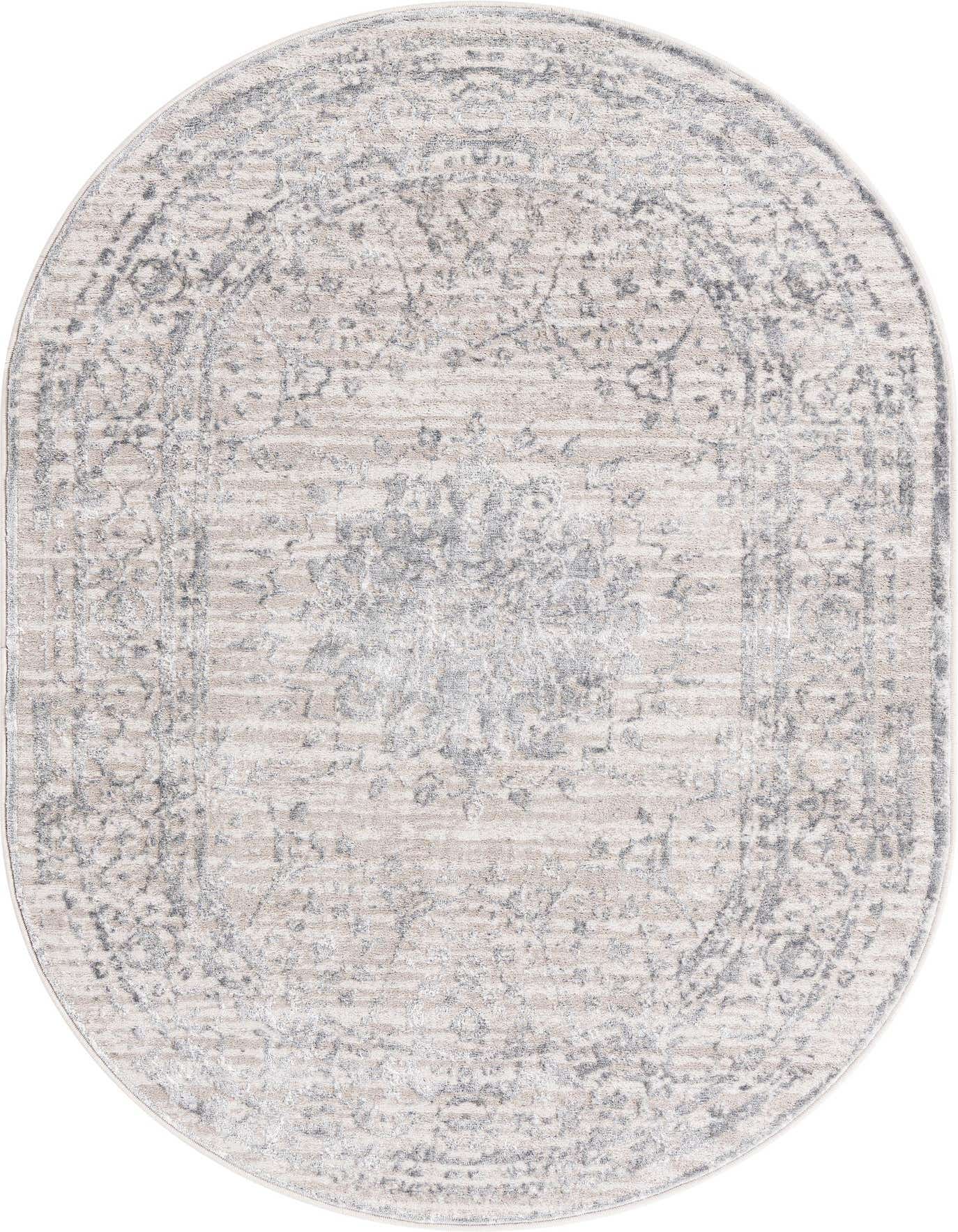 A 4'x6' oval gray and silver traditional rug with a distressed medallion pattern, ideal for an indoor living space.